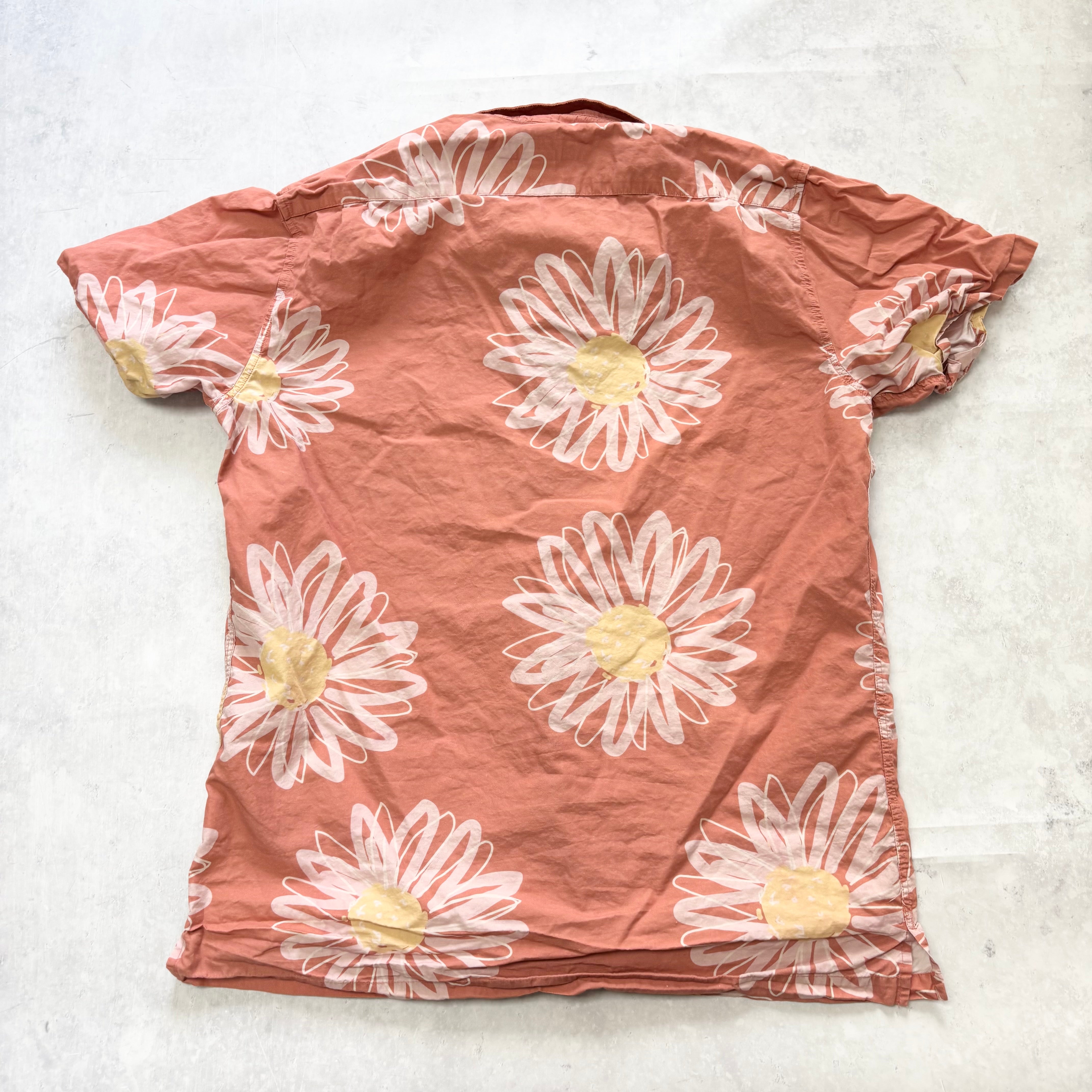 Hawaiian Shirt Mens Medium Orange Floral Aloha Short Sleeve Cotton (E)