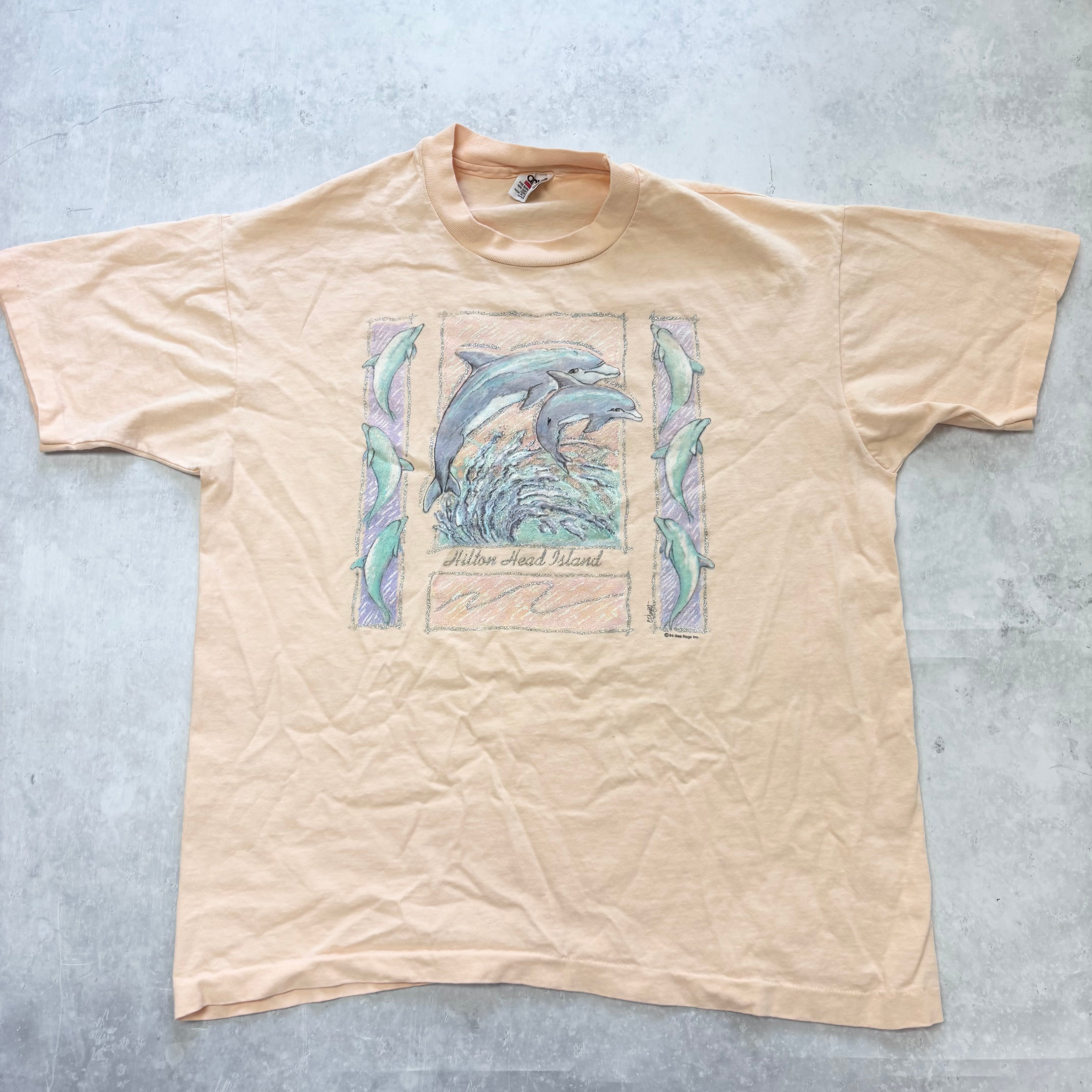 Vintage T Shirt Mens Medium Peach Single Stitch Graphic Print 90s Dolphins (E)