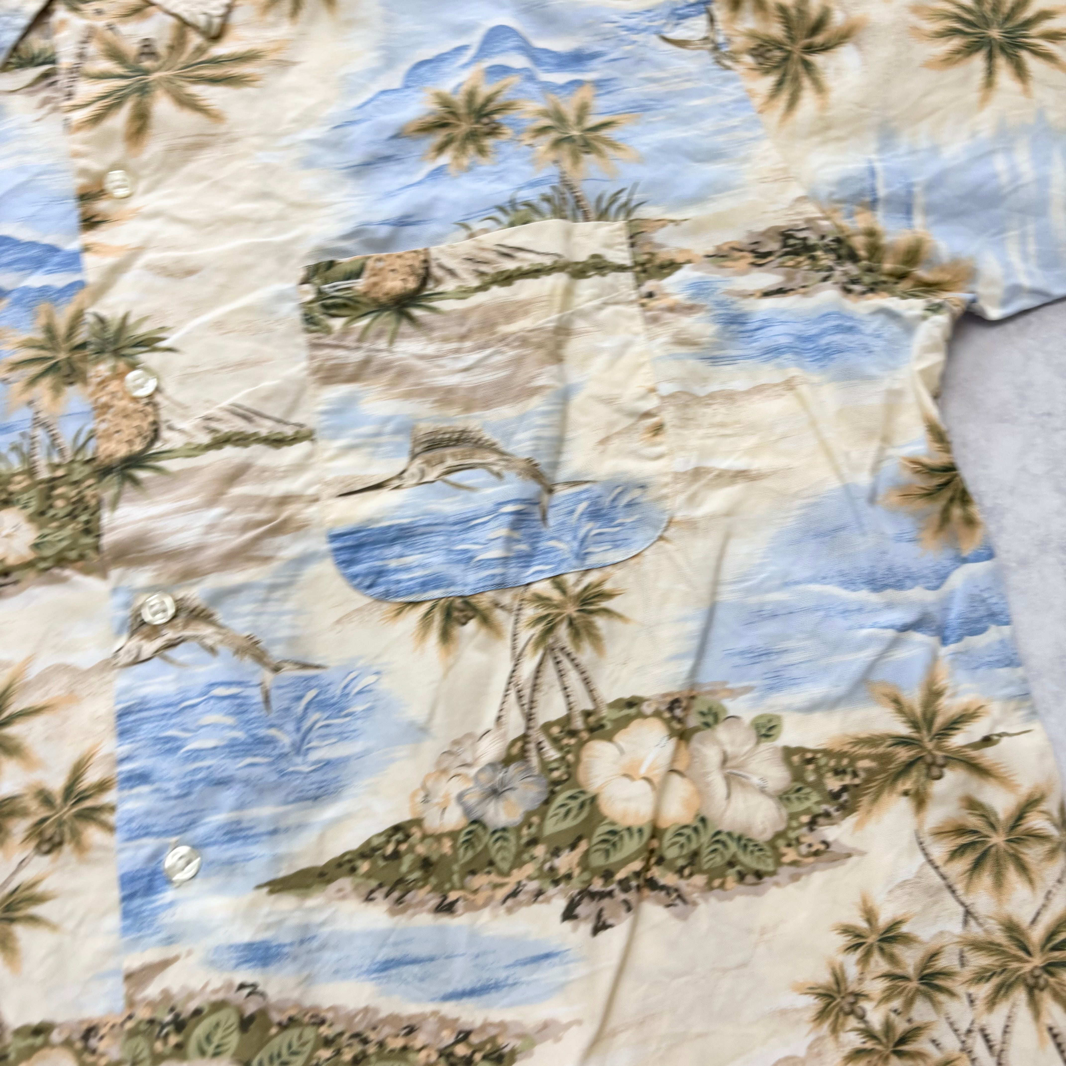Vintage Tommy Hilfiger Hawaiian Shirt Mens Large Beige Aloha Rayon 90s (E)