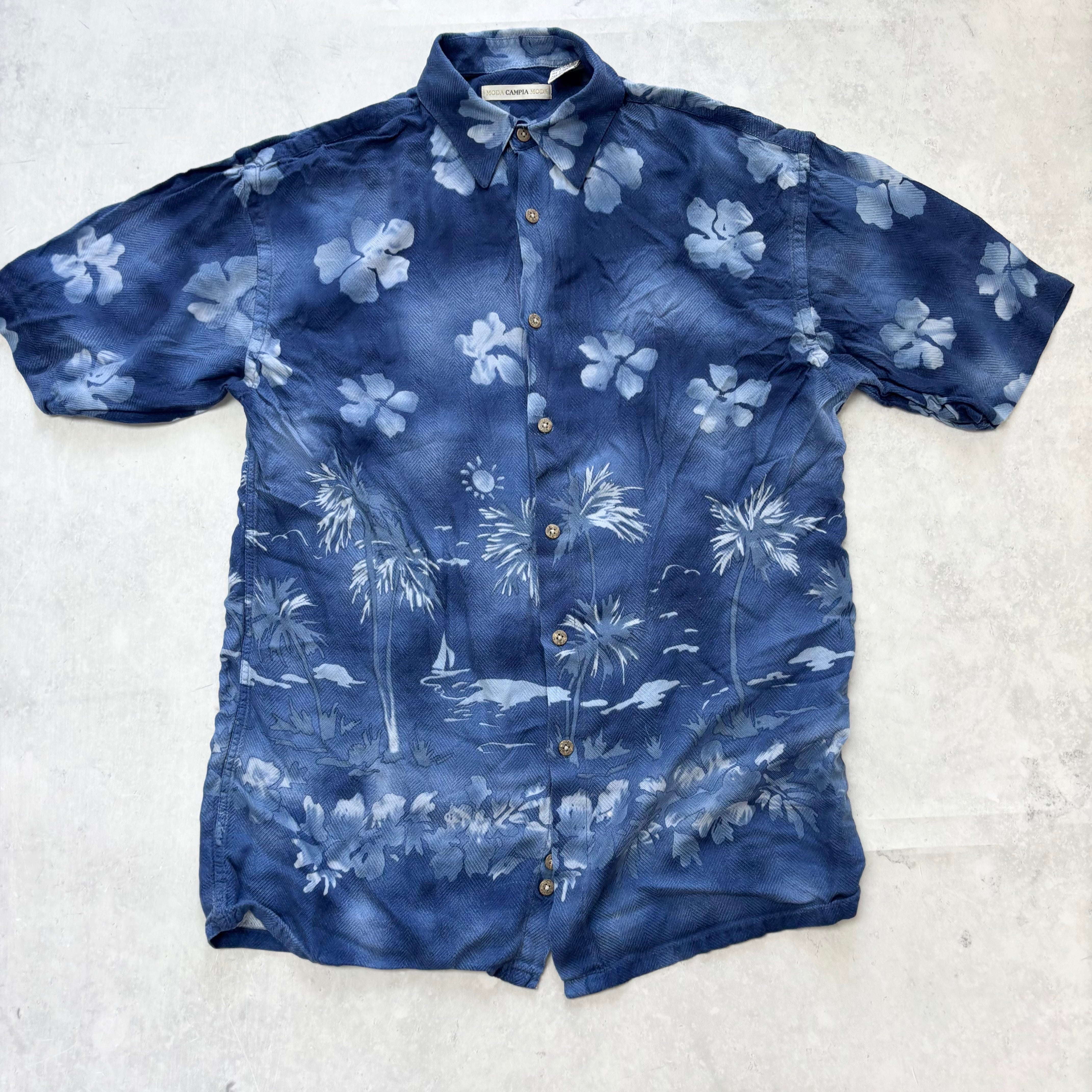Hawaiian Shirt Mens Small Blue Aloha Floral Short Sleeve Rayon (E)