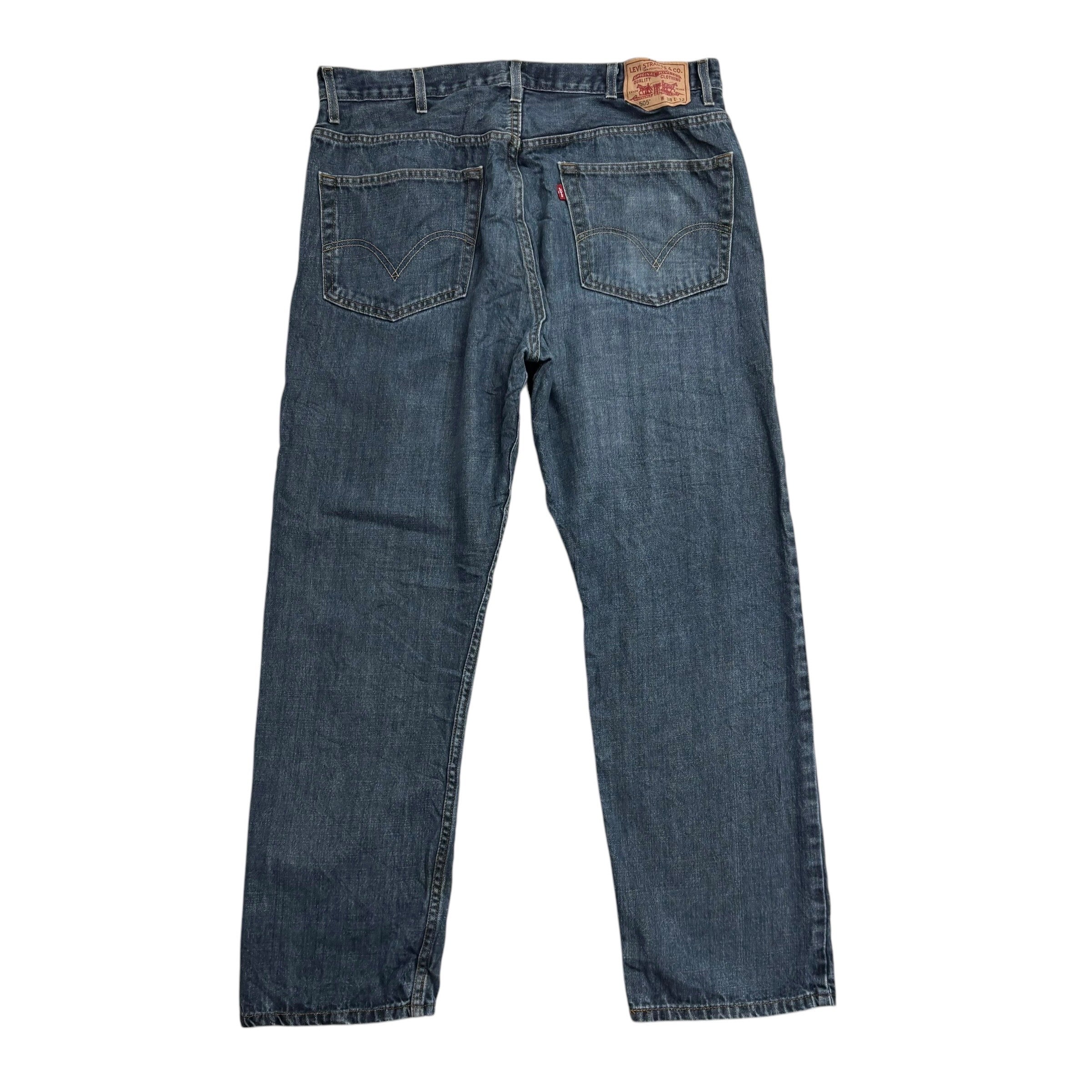Levis 505 Jeans W38 L32 Mens Dark Blue Regular Straight Fit Vintage Denim (E)