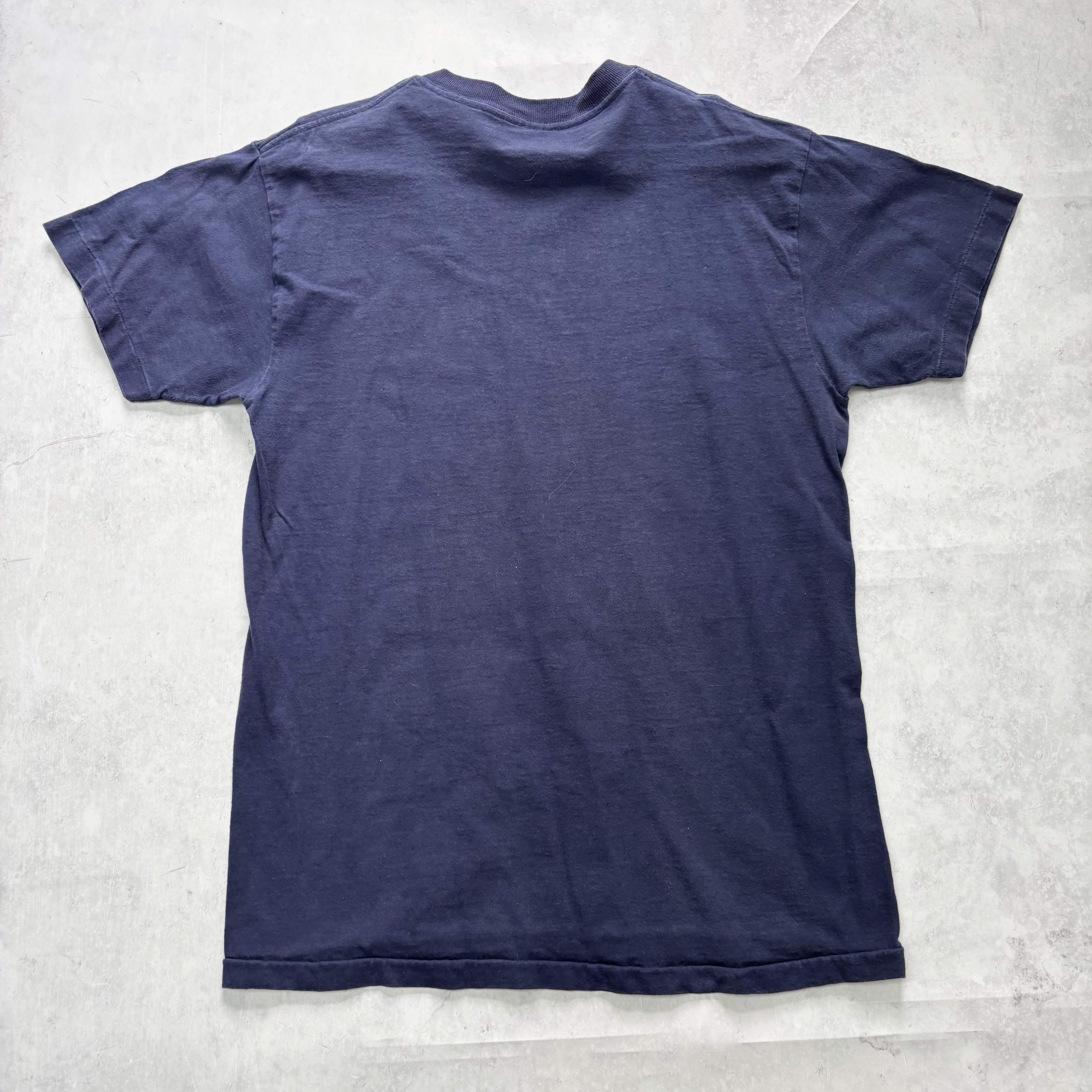 Vintage T Shirt Mens Medium Navy Blue Single Stitch Graphic Print 90s College (E)