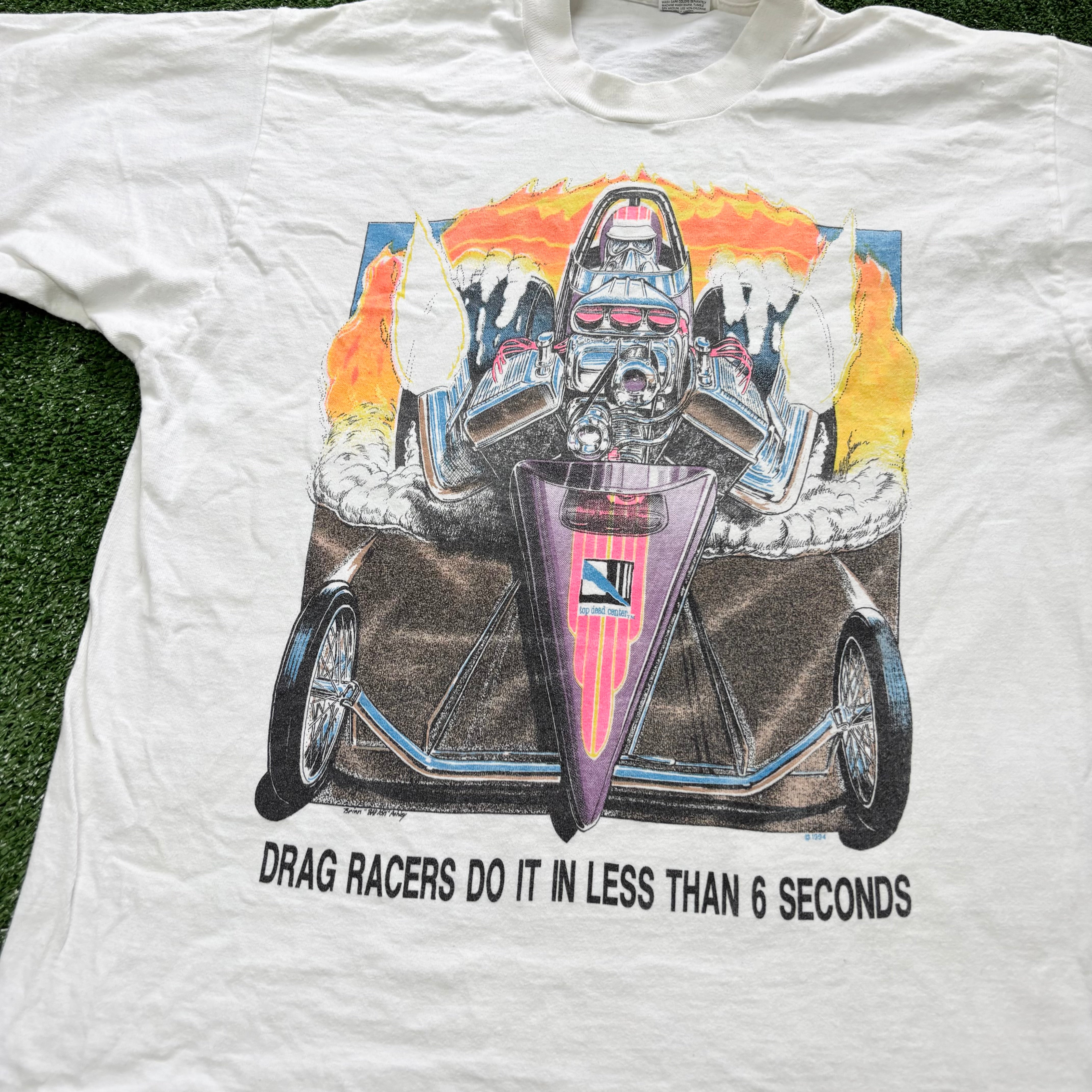 Vintage T Shirt Mens Large White Single Stitch Graphic Print 90s Racing (E)
