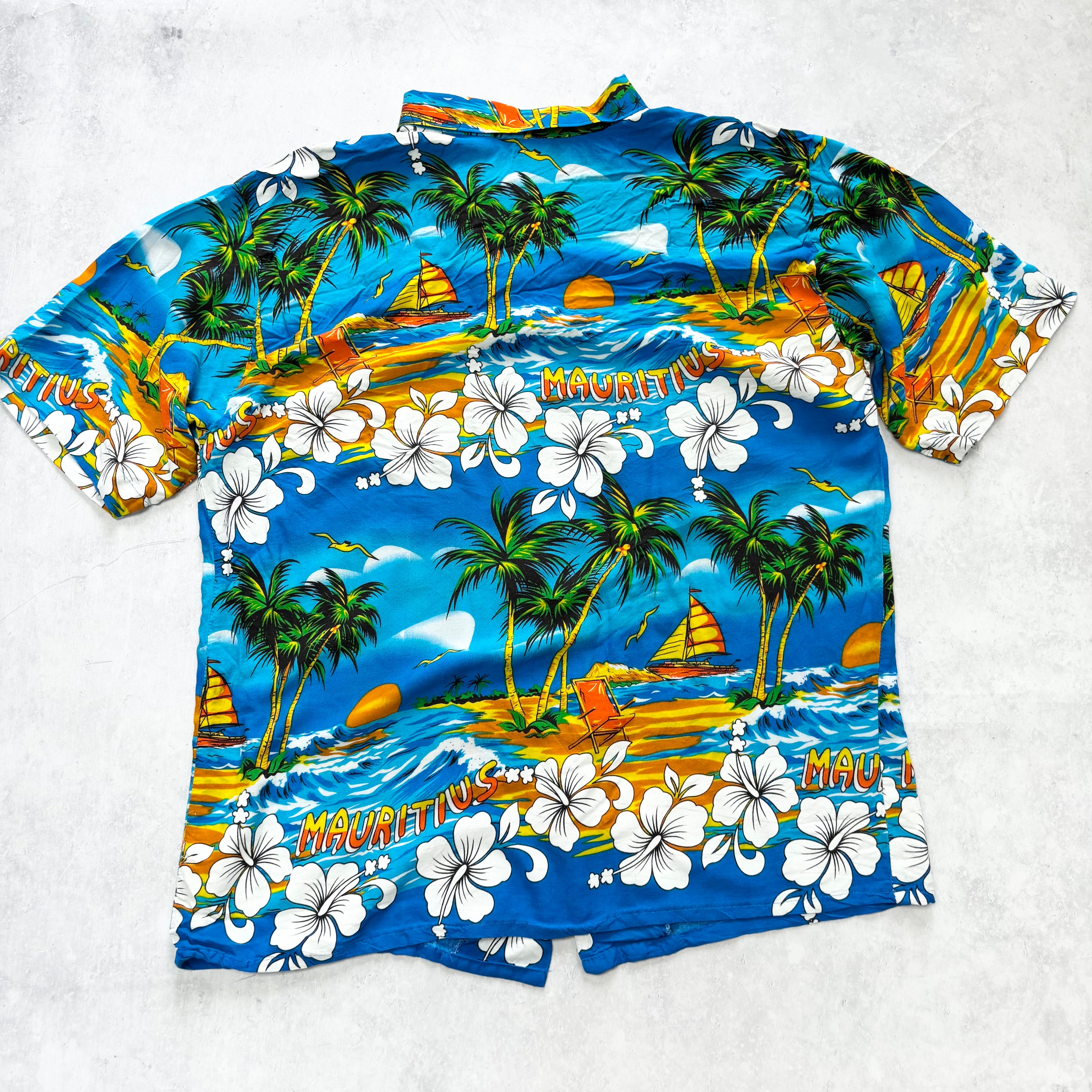 Hawaiian Shirt Mens Large Blue Floral Aloha Short Sleeve Cotton (E)