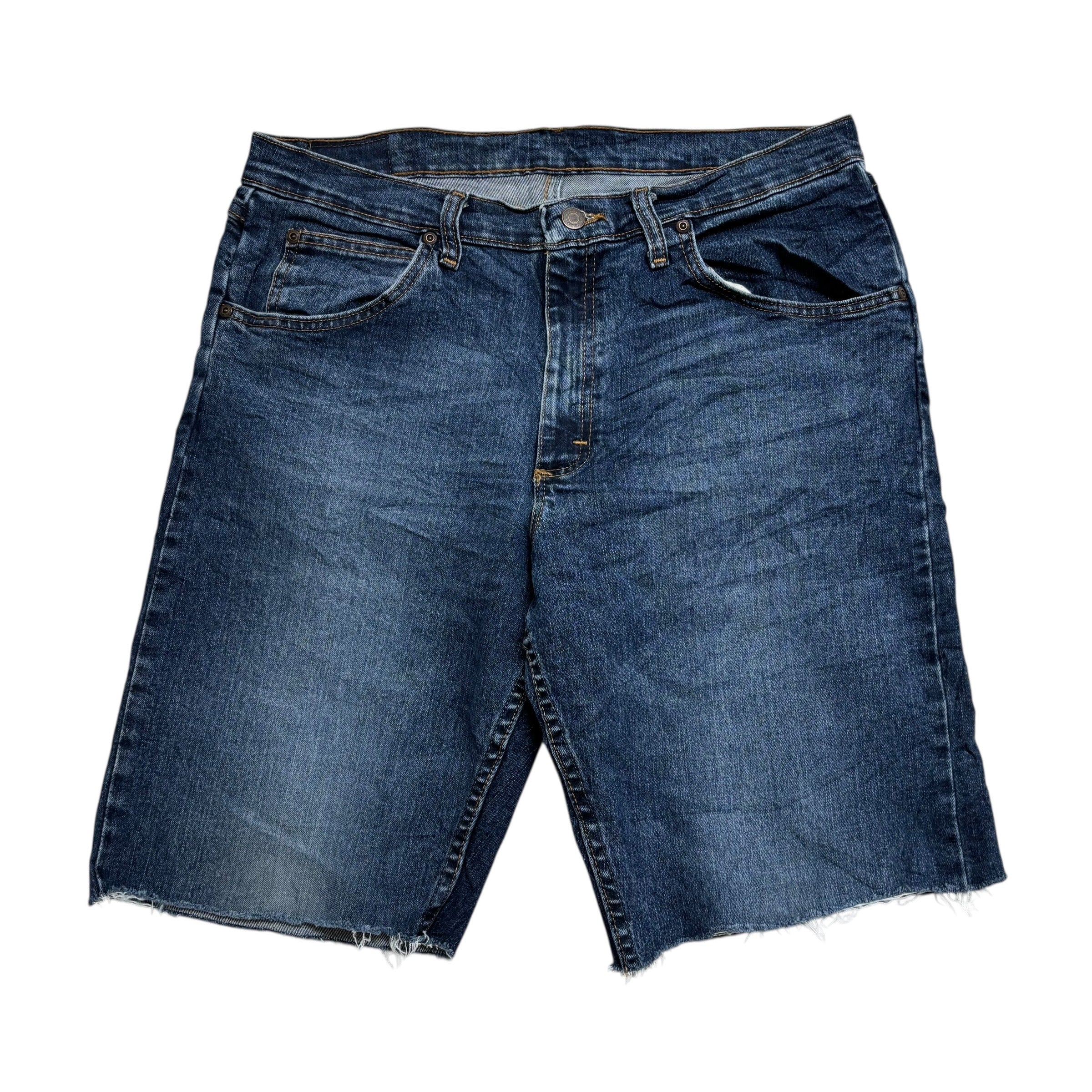 Wrangler Denim Shorts W32 Mens Dark Blue Cut Off Jorts Regular Fit Stretch