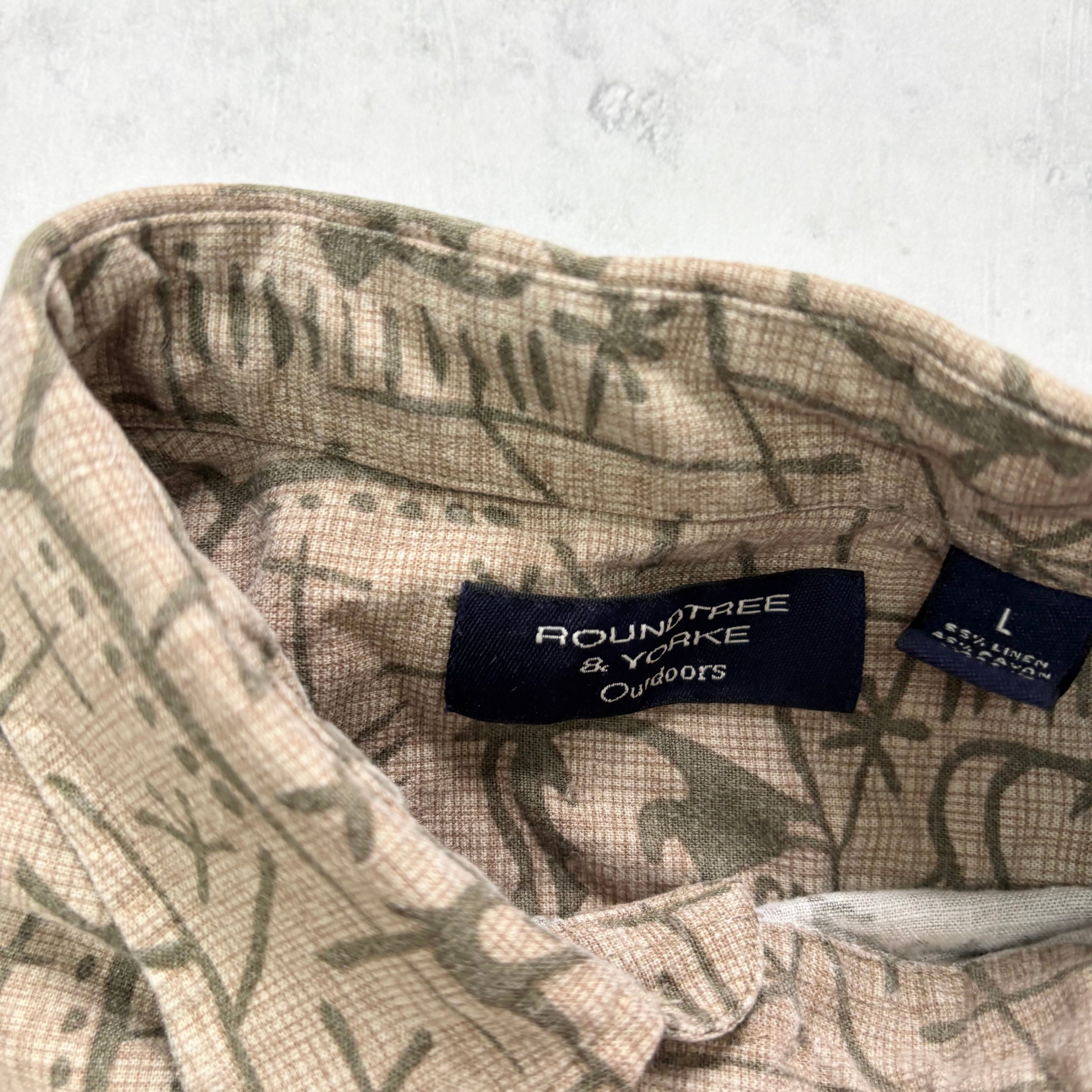 Vintage Shirt Mens Large Brown Outdoors Patterned Short Sleeve Linen (E)