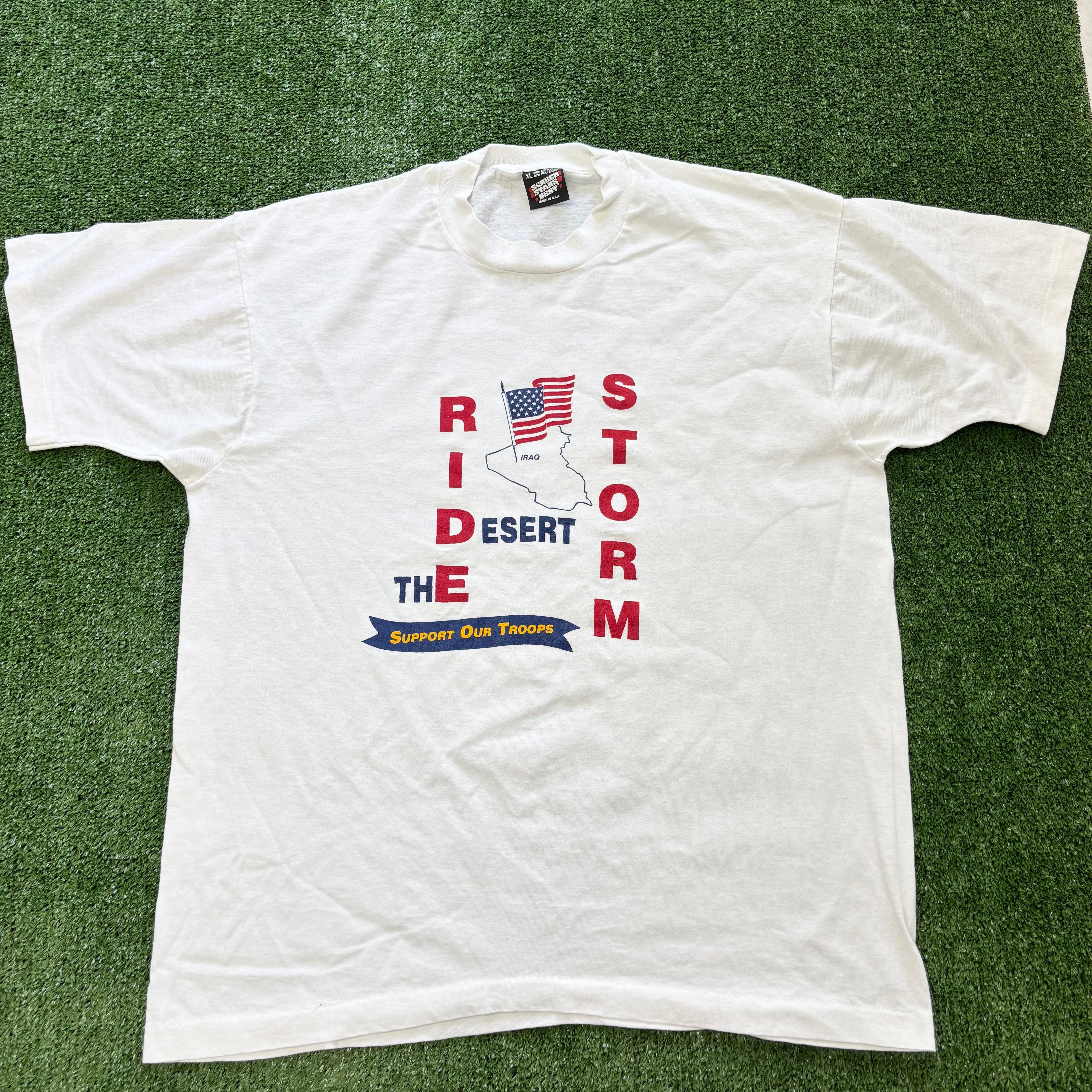 Vintage T Shirt Mens Large White Single Stitch Graphic Print 90s Desert Storm (E)