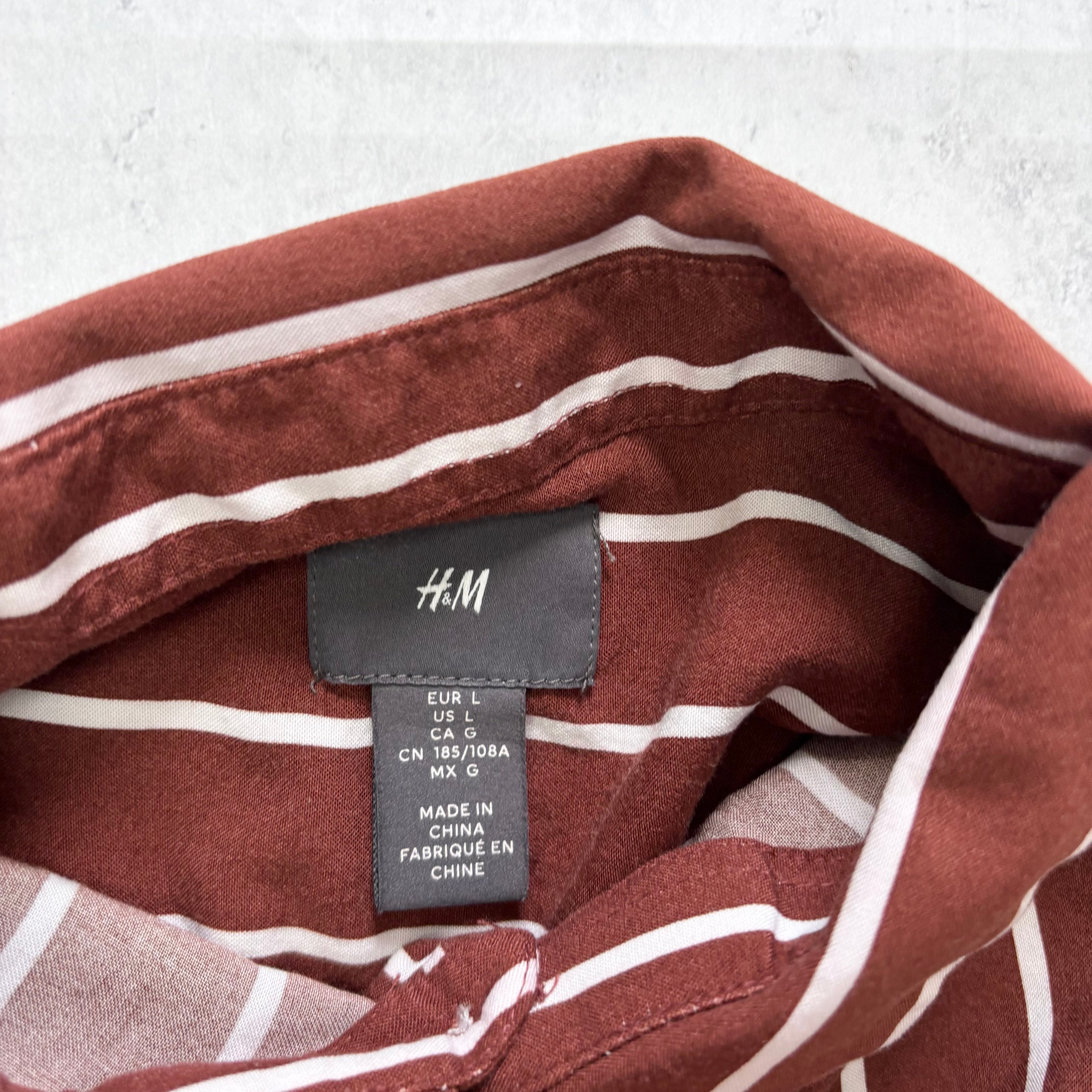 H&M Shirt Mens Large Brown Striped Long Sleeve Viscose (E)