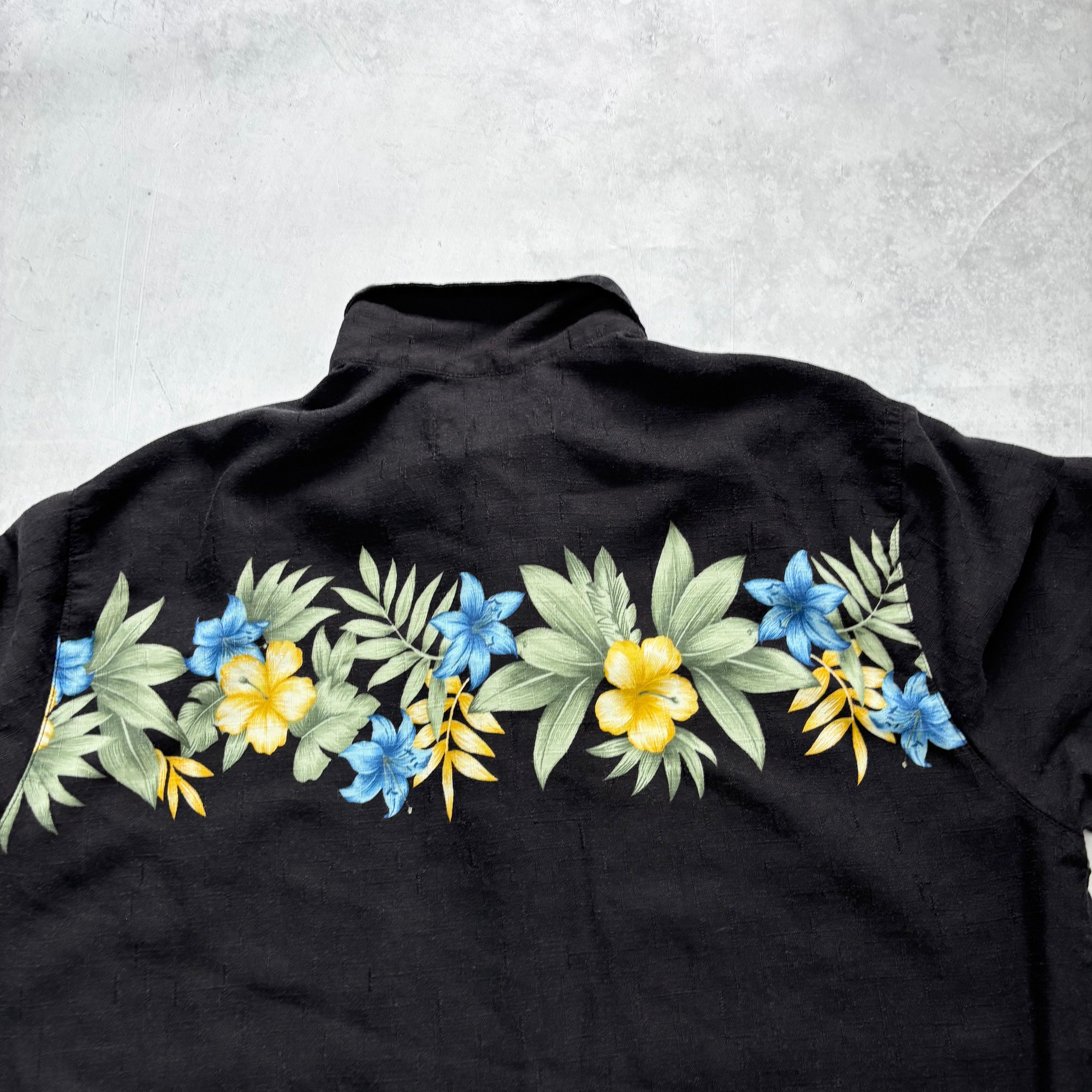 Vintage Hawaiian Shirt Mens Large Black Floral Aloha Short Sleeve Rayon (E)