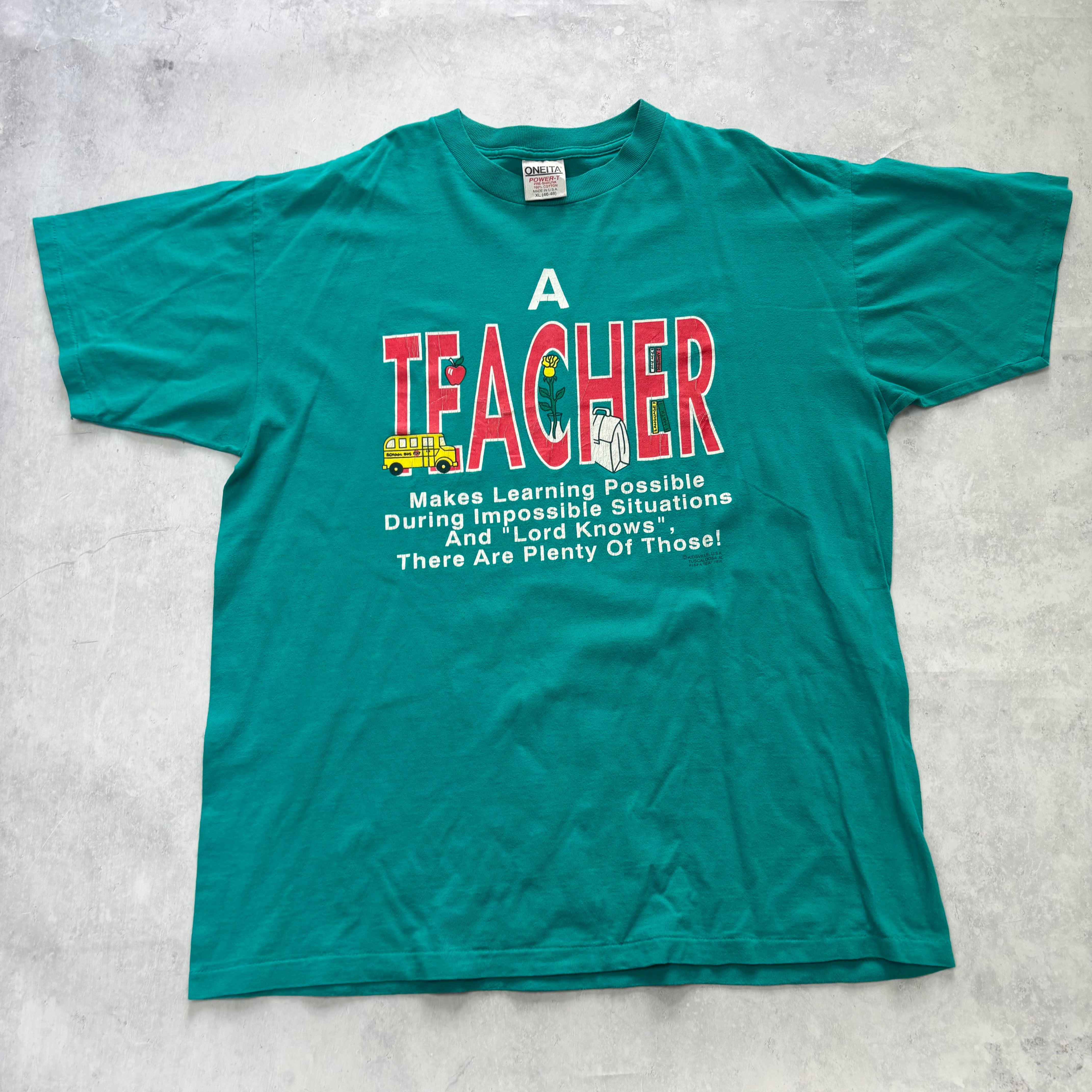 Vintage T Shirt Mens XL Teal Green Single Stitch Graphic Print 90s Teacher (E)