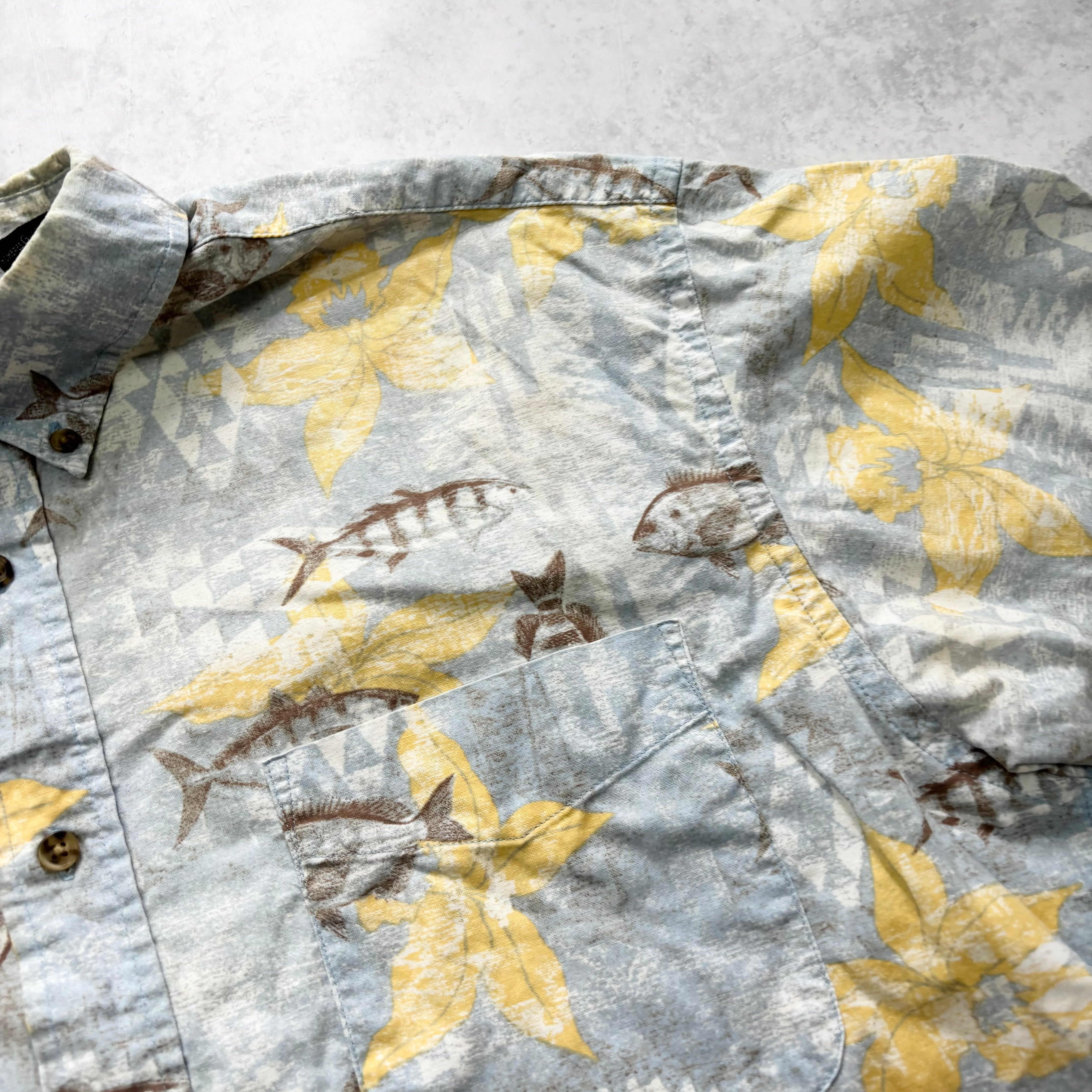 Vintage Hawaiian Shirt Mens Large Blue Yellow Floral Aloha Short Sleeve Rayon (E)