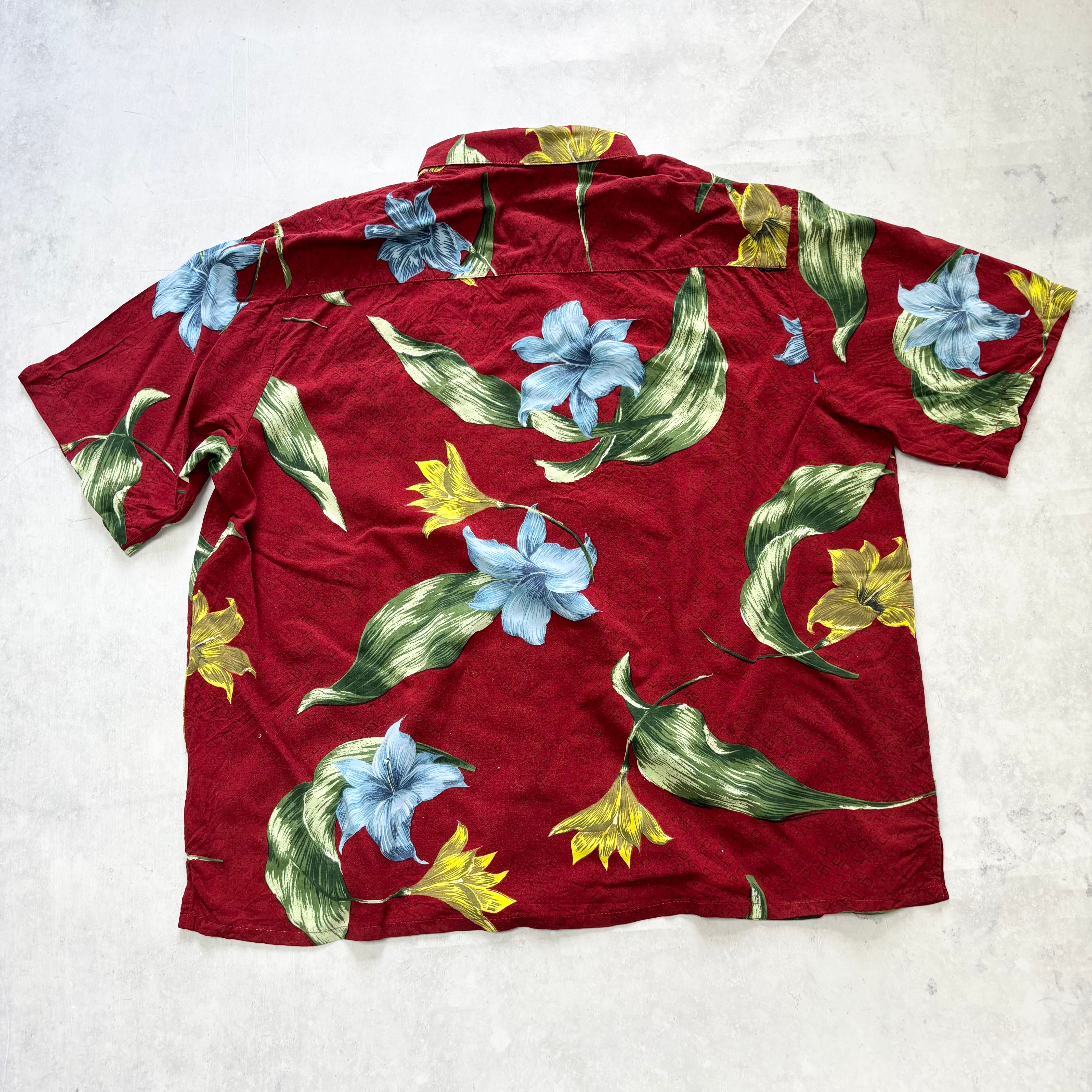 Hawaiian Shirt Mens XL Red Floral Aloha Short Sleeve Rayon (E)