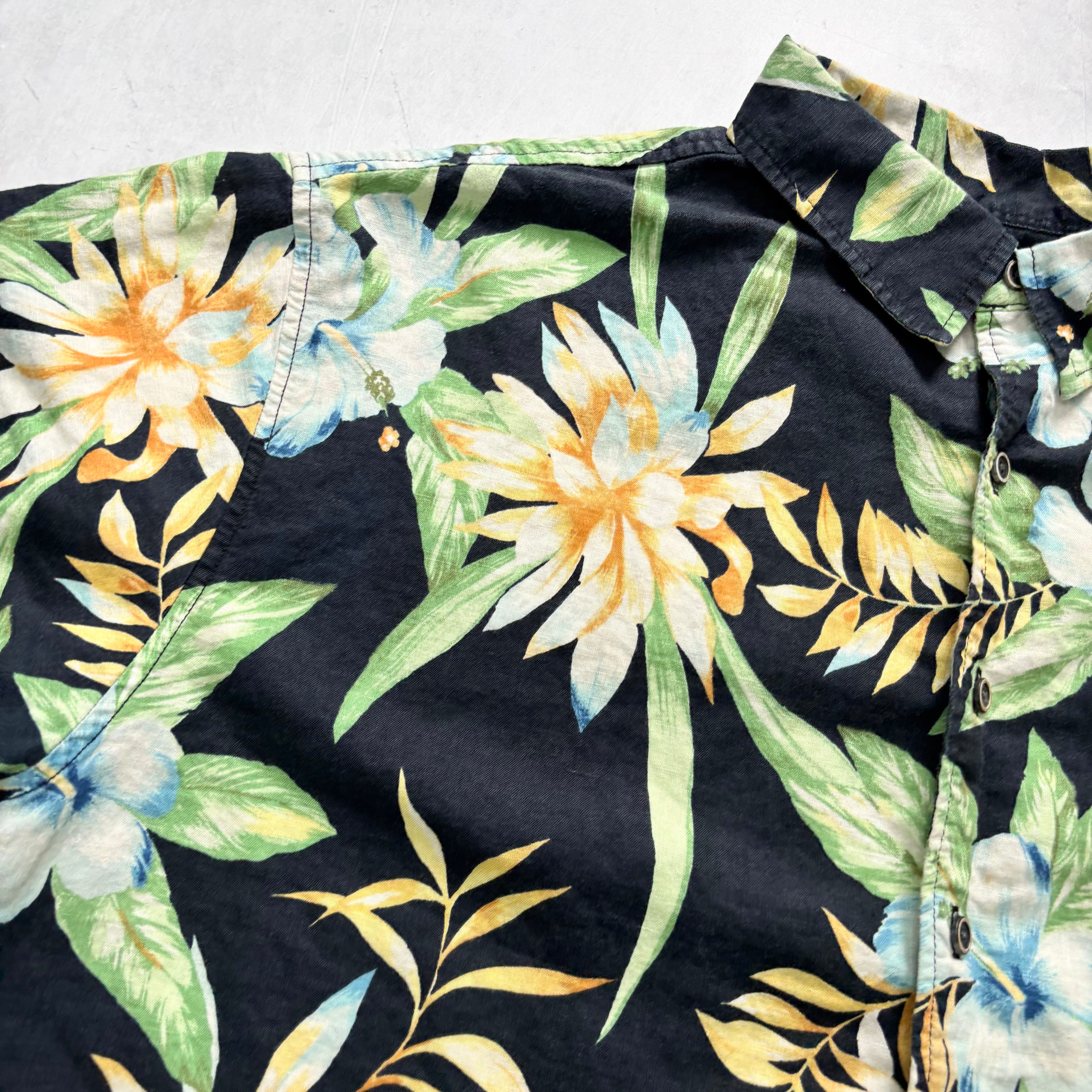 Vintage Hawaiian Shirt Mens 3XB 3XL Black Aloha Floral Short Sleeve Linen (E)