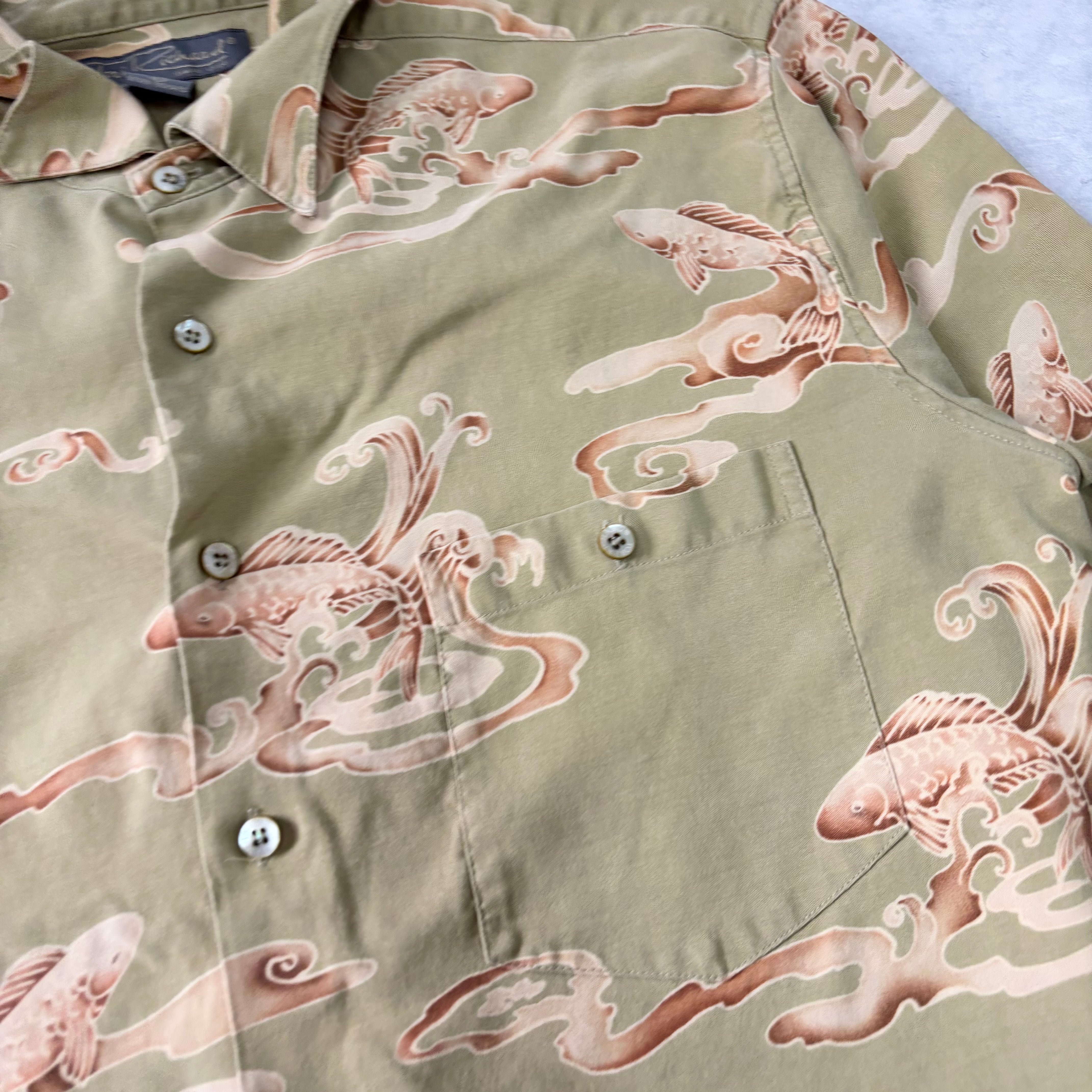 Vintage Hawaiian Shirt Mens Large Green Fish Aloha Short Sleeve Silk (E)