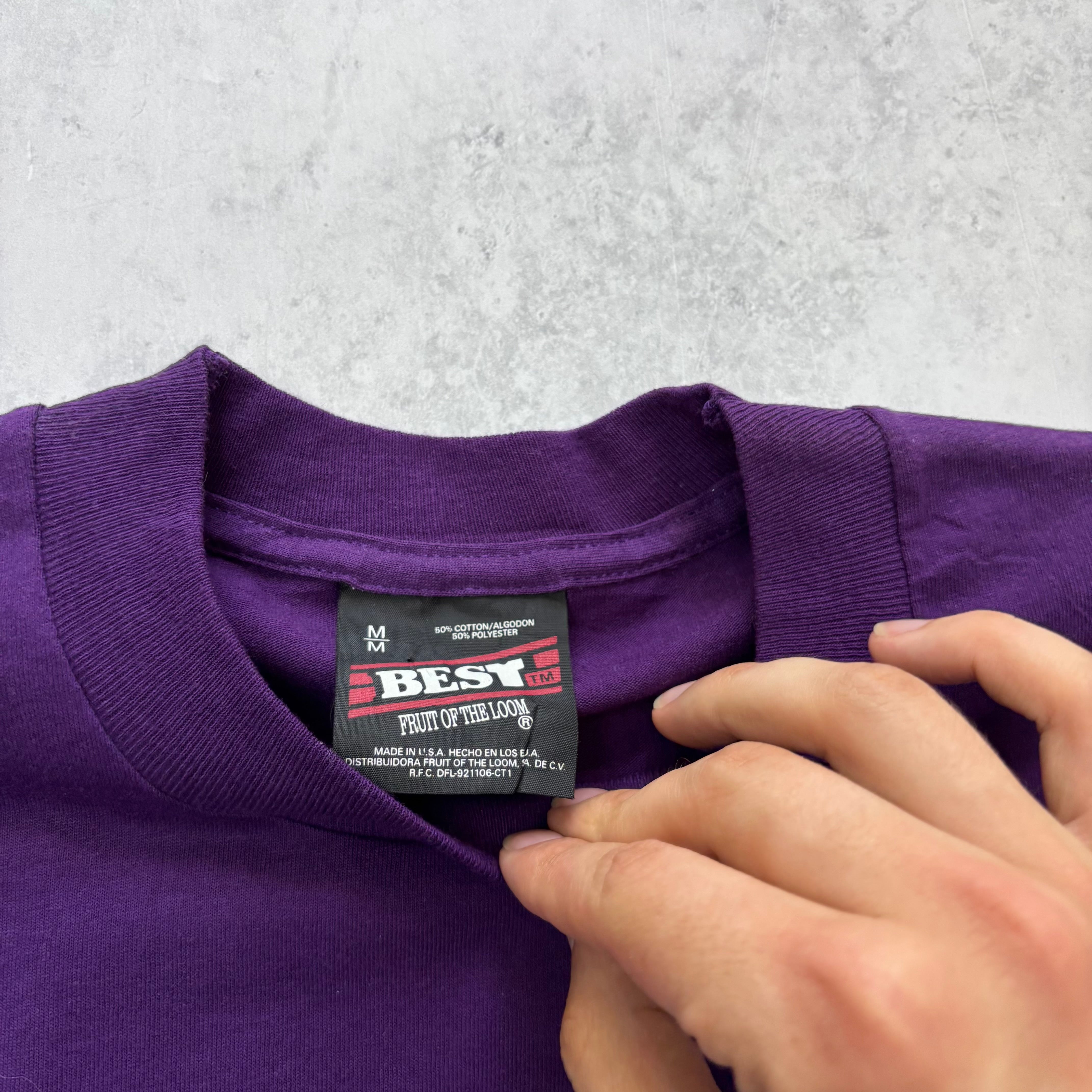 Vintage T Shirt Mens Medium Purple Single Stitch Graphic Print 90s USA (E)