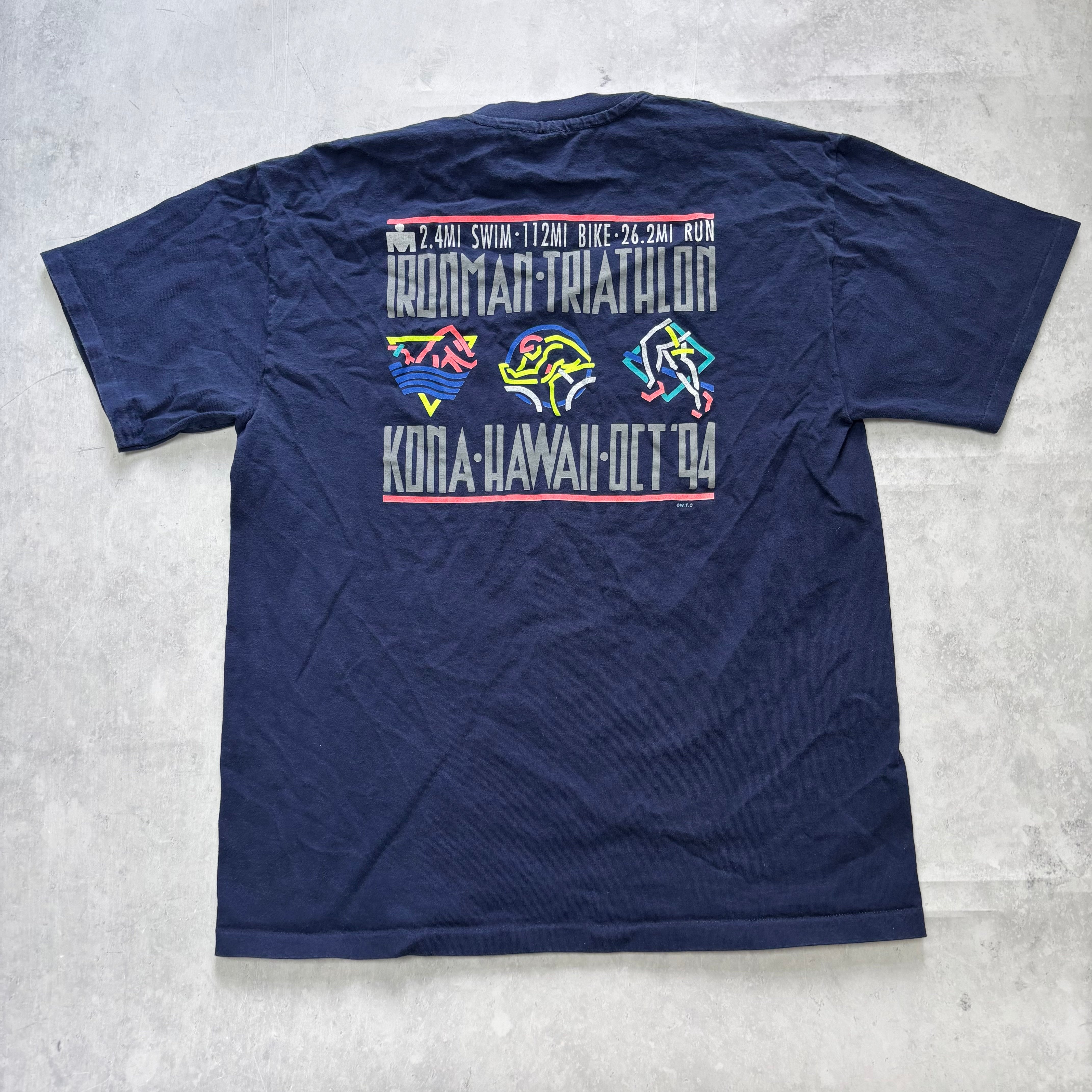 Vintage T Shirt Mens Large Navy Blue Single Stitch Graphic Print 90s Triathlon (E)