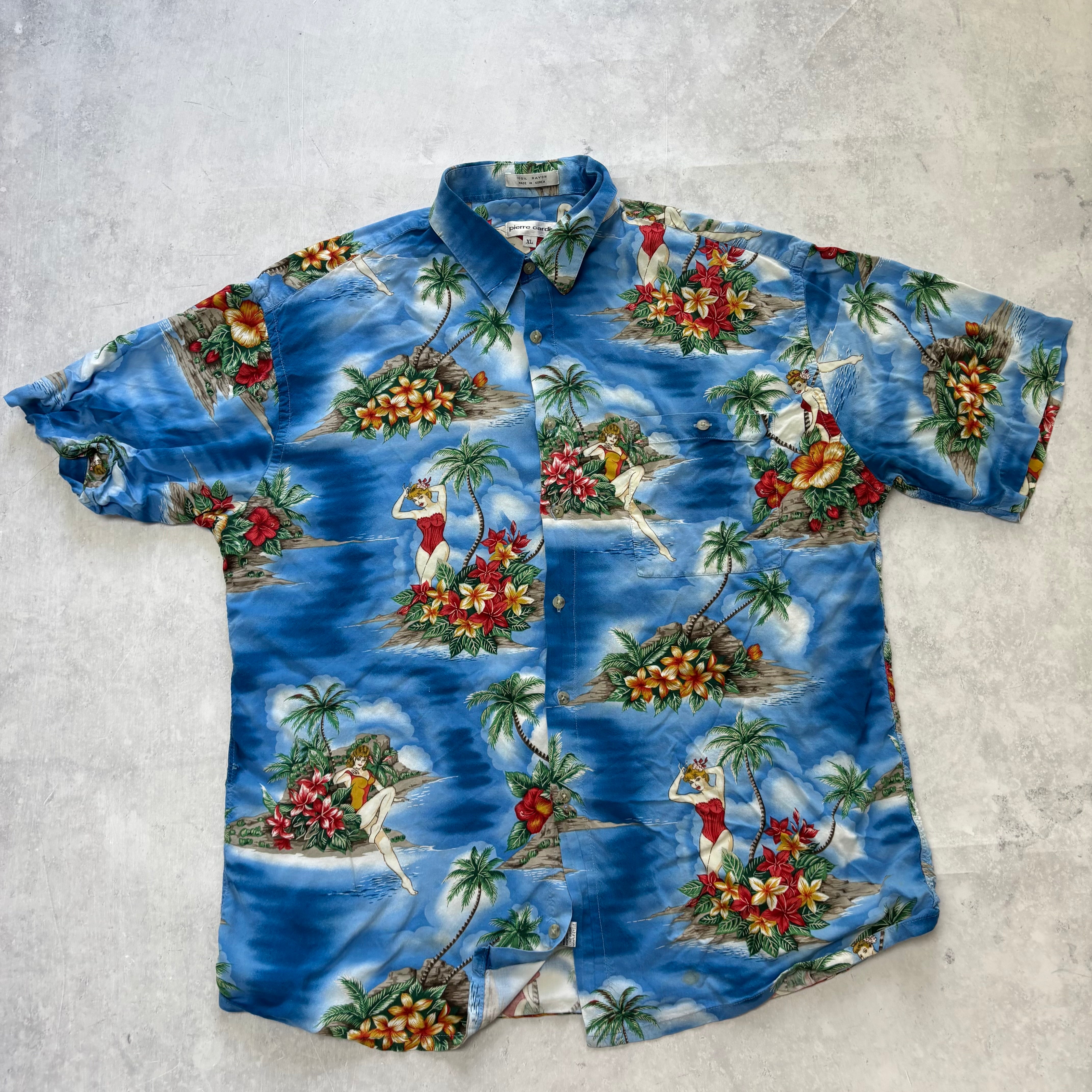 Vintage Hawaiian Shirt Mens XL Blue Floral Aloha Short Sleeve Rayon (E)