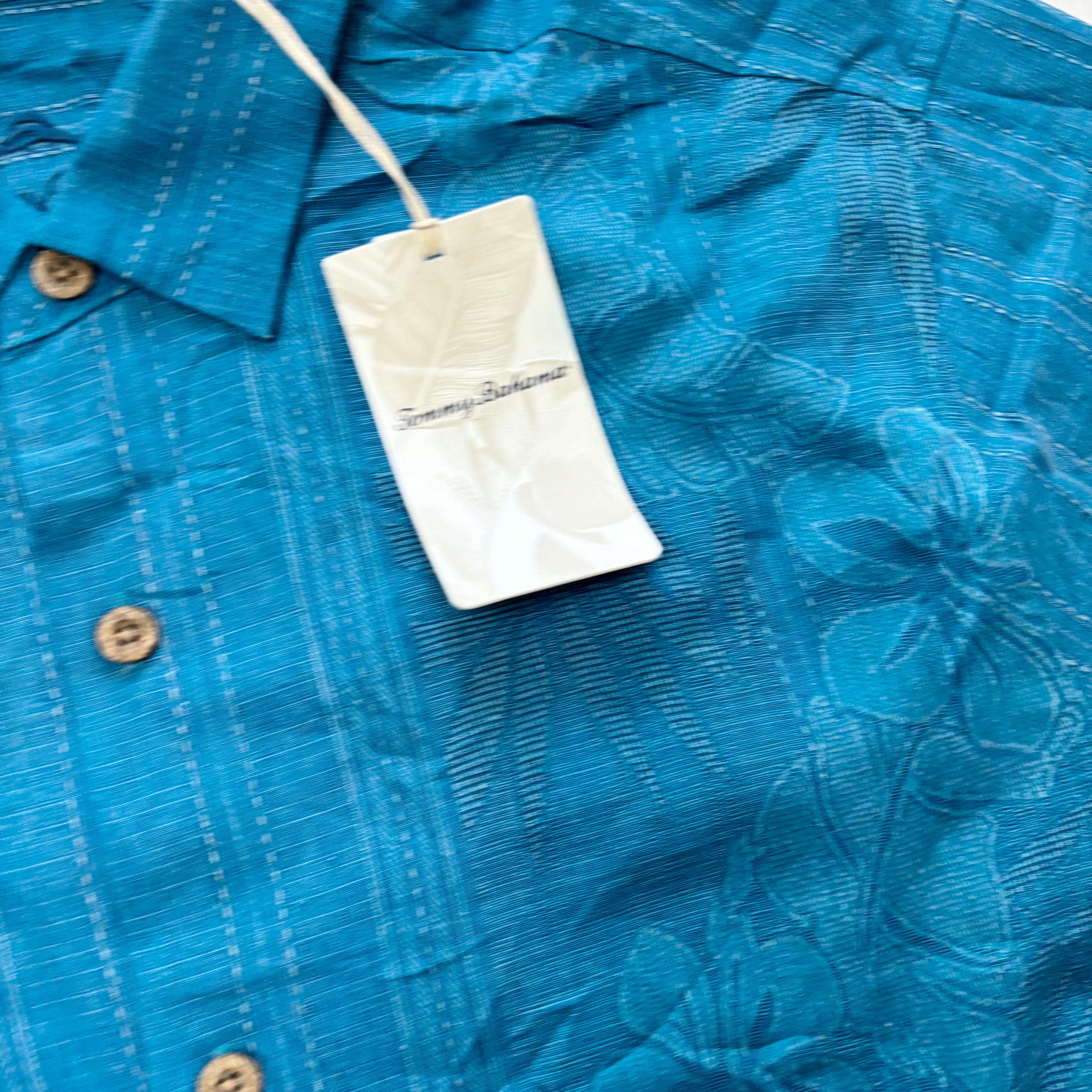 Tommy Bahama Hawaiian Shirt Mens Large Blue Silk Floral Aloha Short Sleeve (E)