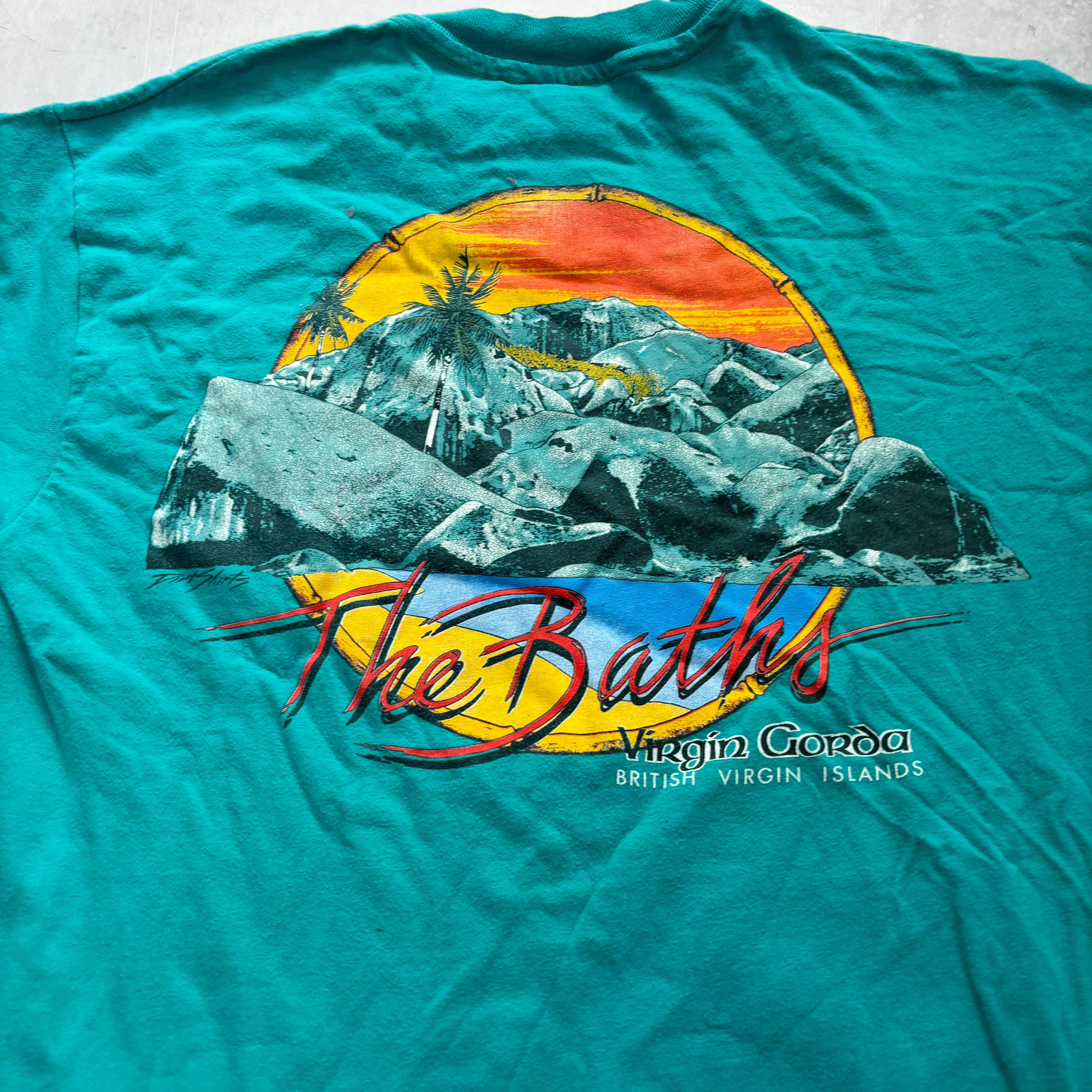 Vintage T Shirt Mens Medium Teal Green Single Stitch Graphic Print 90s