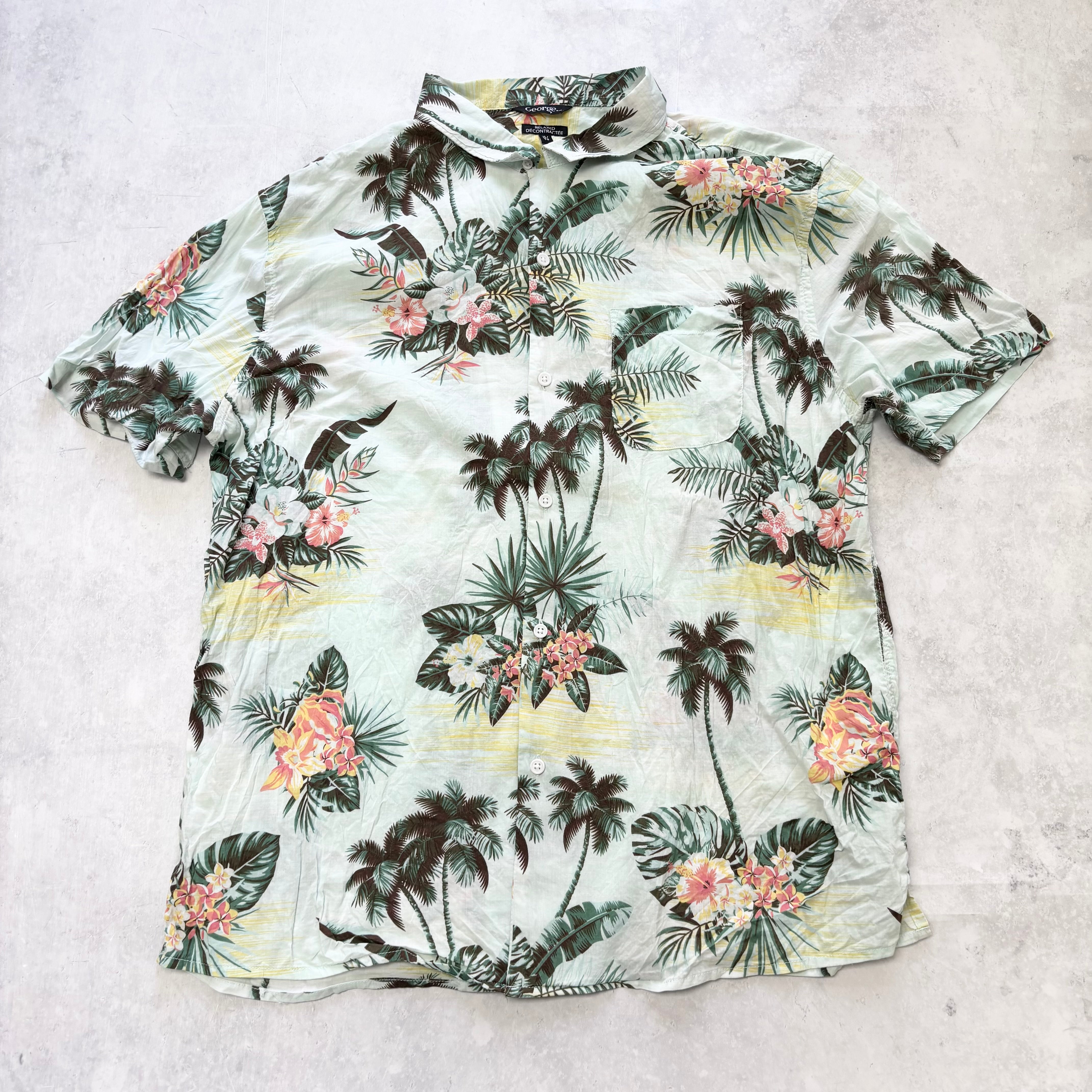 George Hawaiian Shirt Mens XL Green Floral Aloha Short Sleeve Cotton (E)