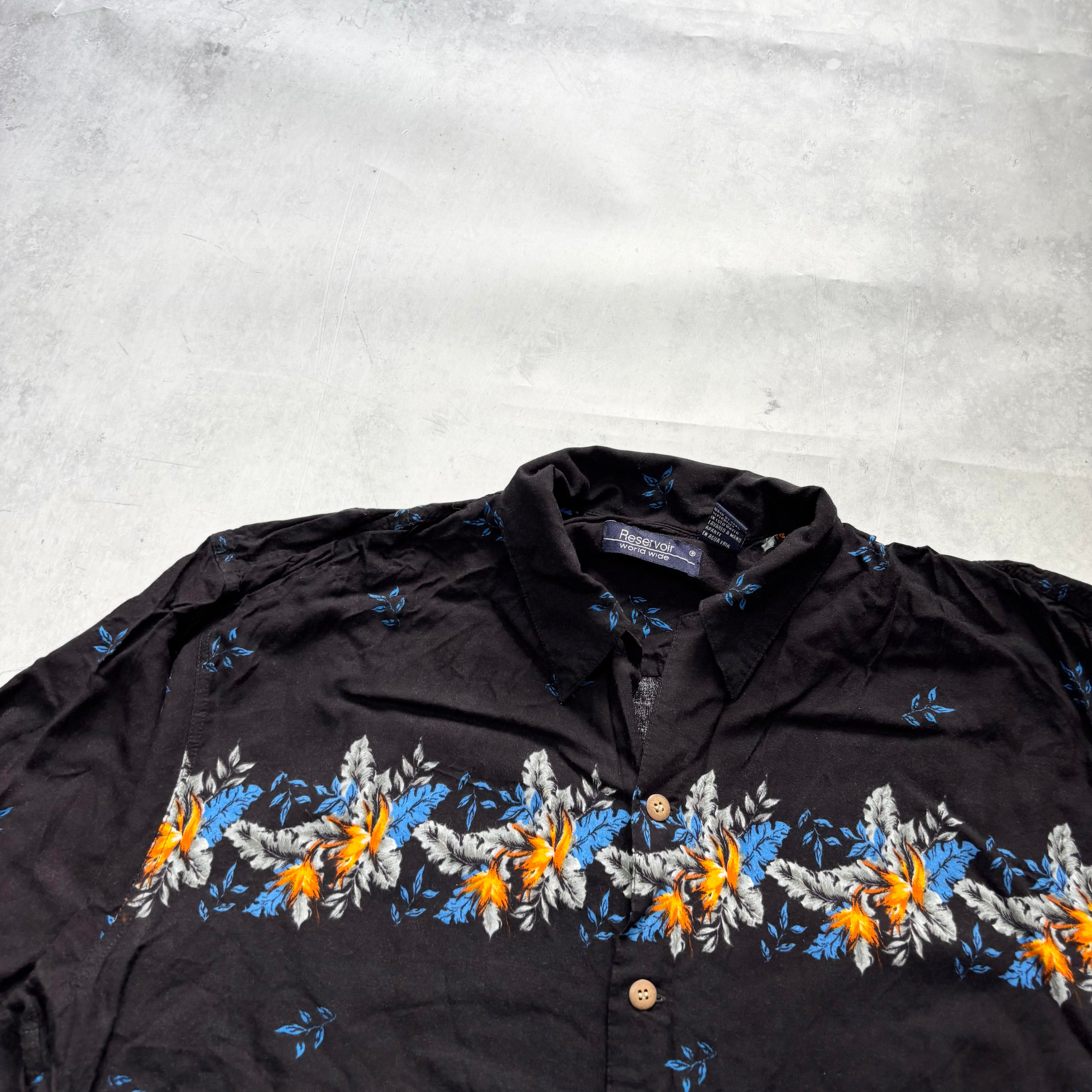 Hawaiian Shirt Mens XL Black Floral Aloha Short Sleeve Rayon Pattern Funky (E)