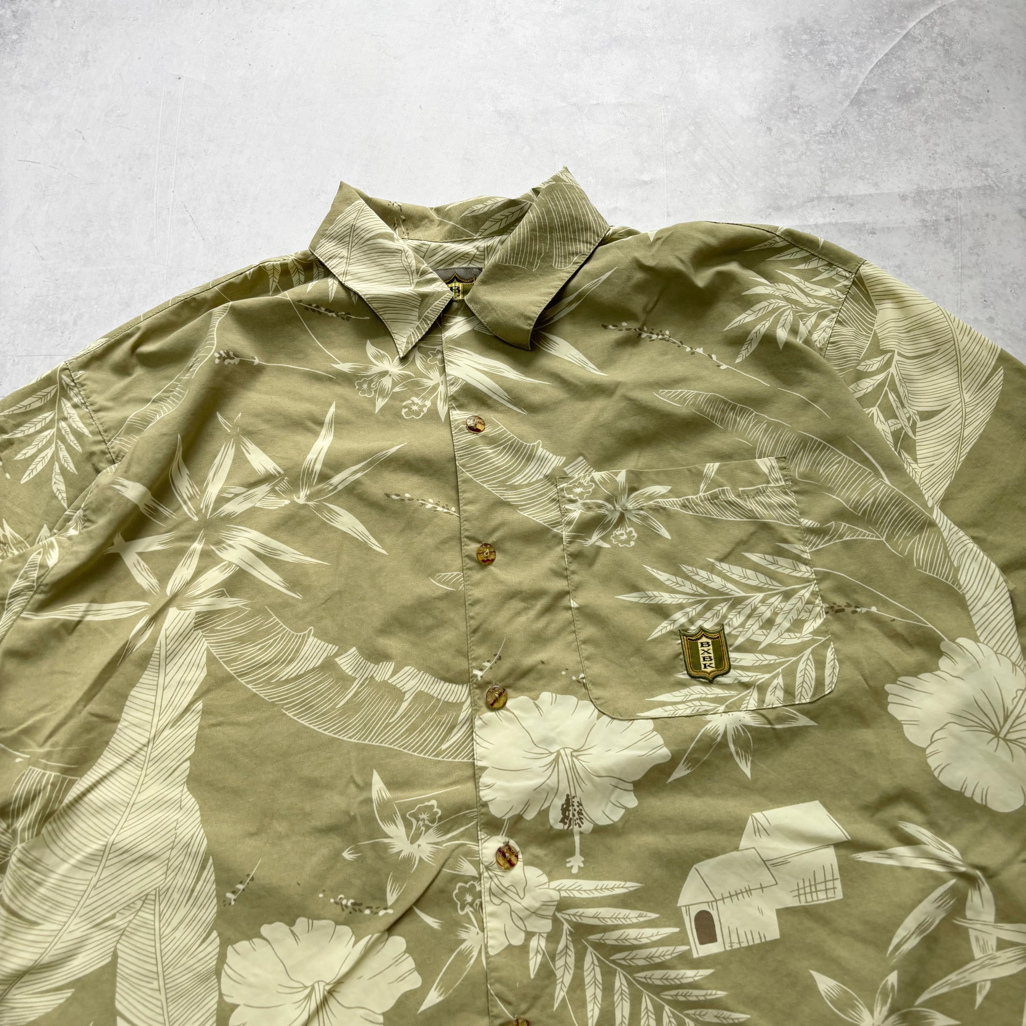 Vintage Hawaiian Shirt Mens Large Green Floral Aloha Short Sleeve Nylon (E)