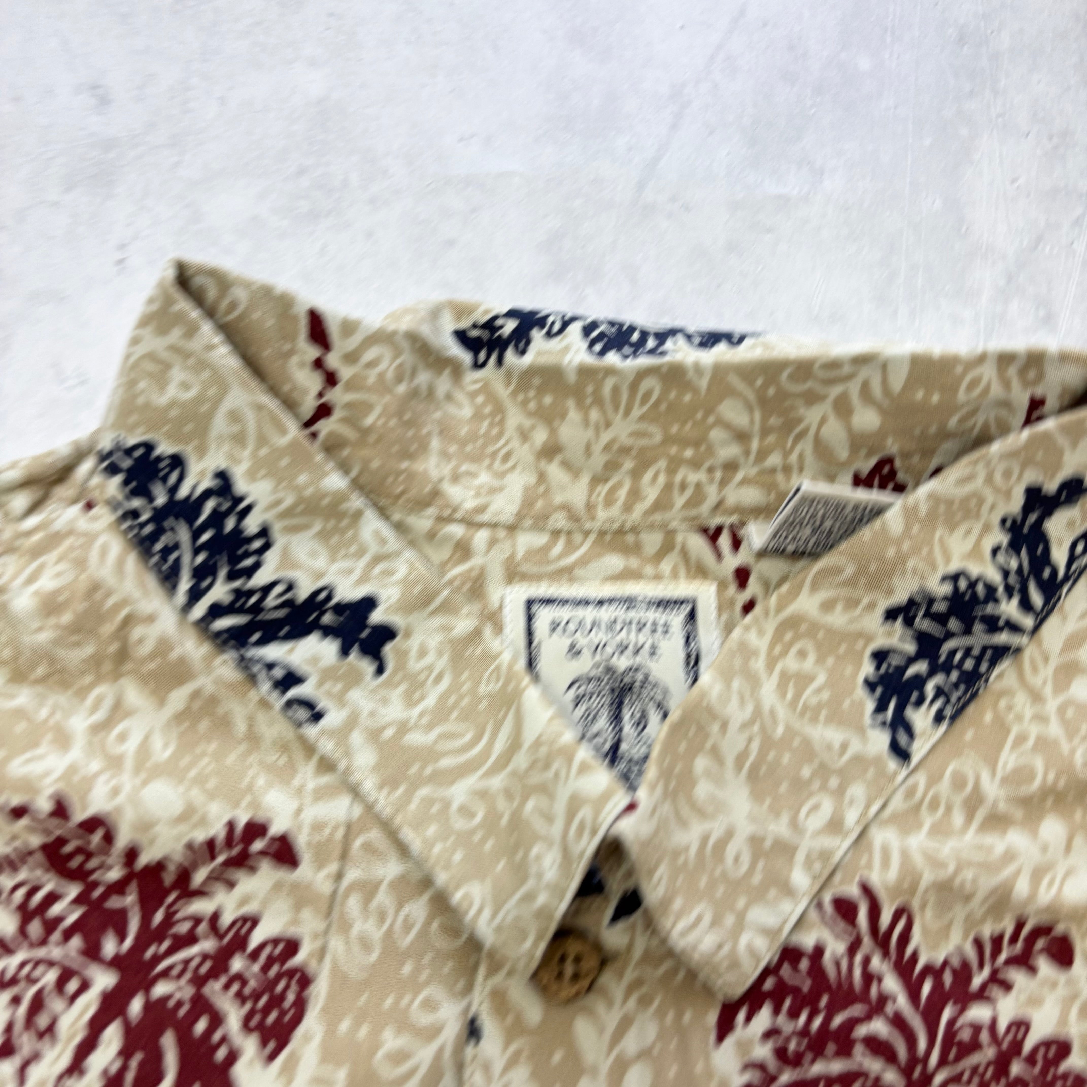 Vintage Hawaiian Shirt Mens Large Tan Floral Aloha Short Sleeve Rayon (E)