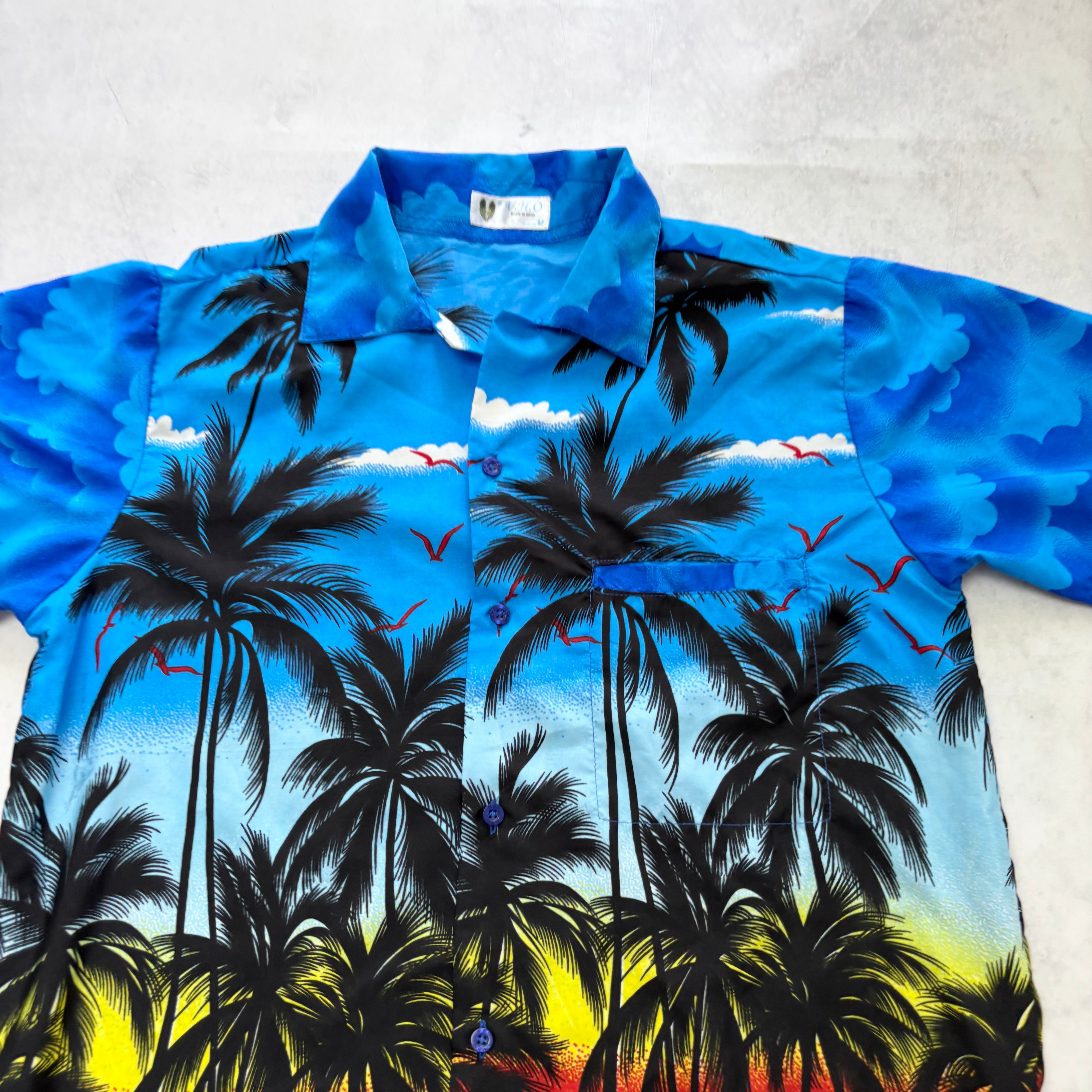 Hawaiian Shirt Mens Medium Blue Floral Aloha Short Sleeve Polyester