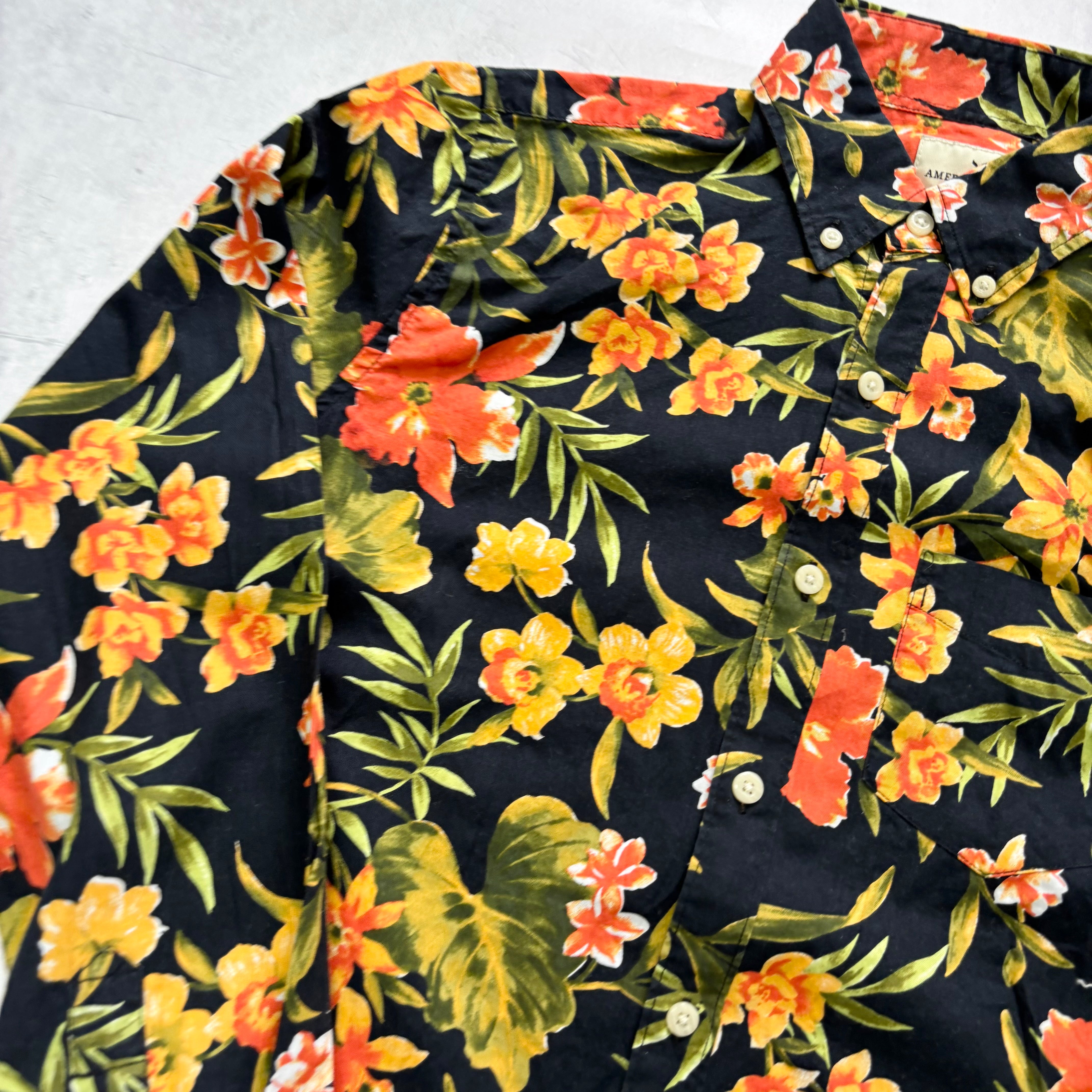 American Eagle Shirt Mens XS Black Floral Aloha Long Sleeve Cotton (E)