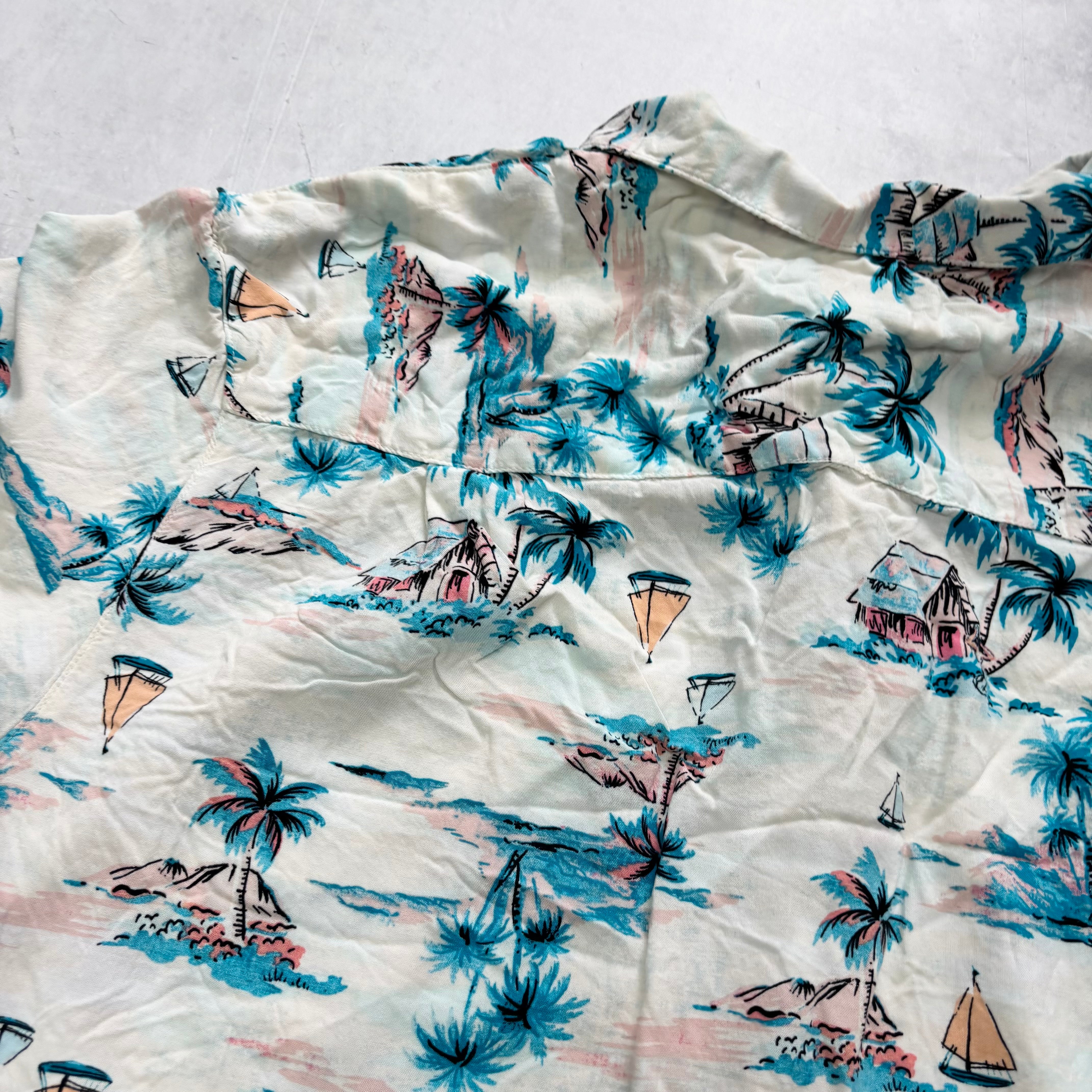 Hawaiian Shirt Mens Large White Floral Aloha Short Sleeve Rayon (E)