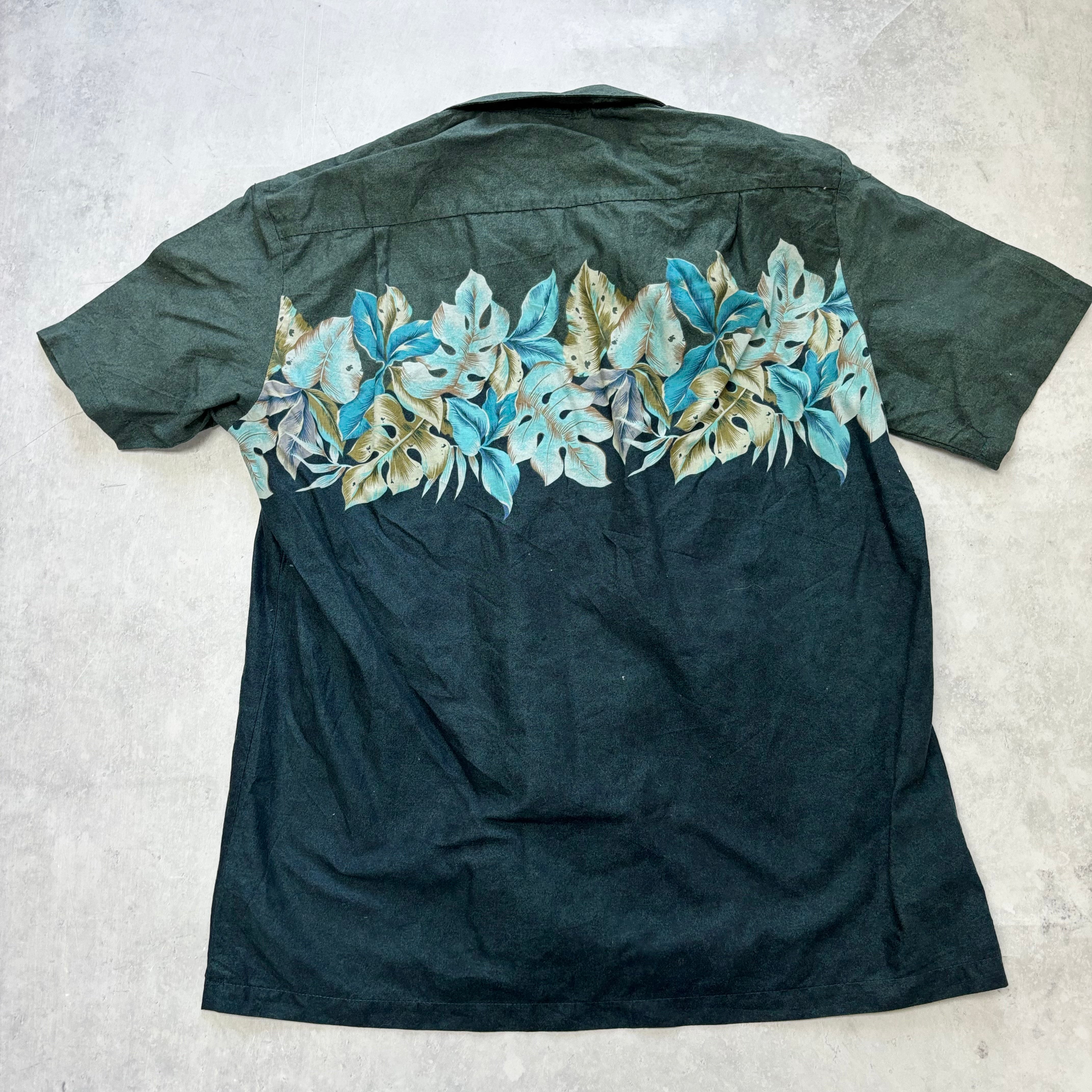 Vintage Hawaiian Shirt Mens Large Green Cotton Floral Aloha Short Sleeve (E)