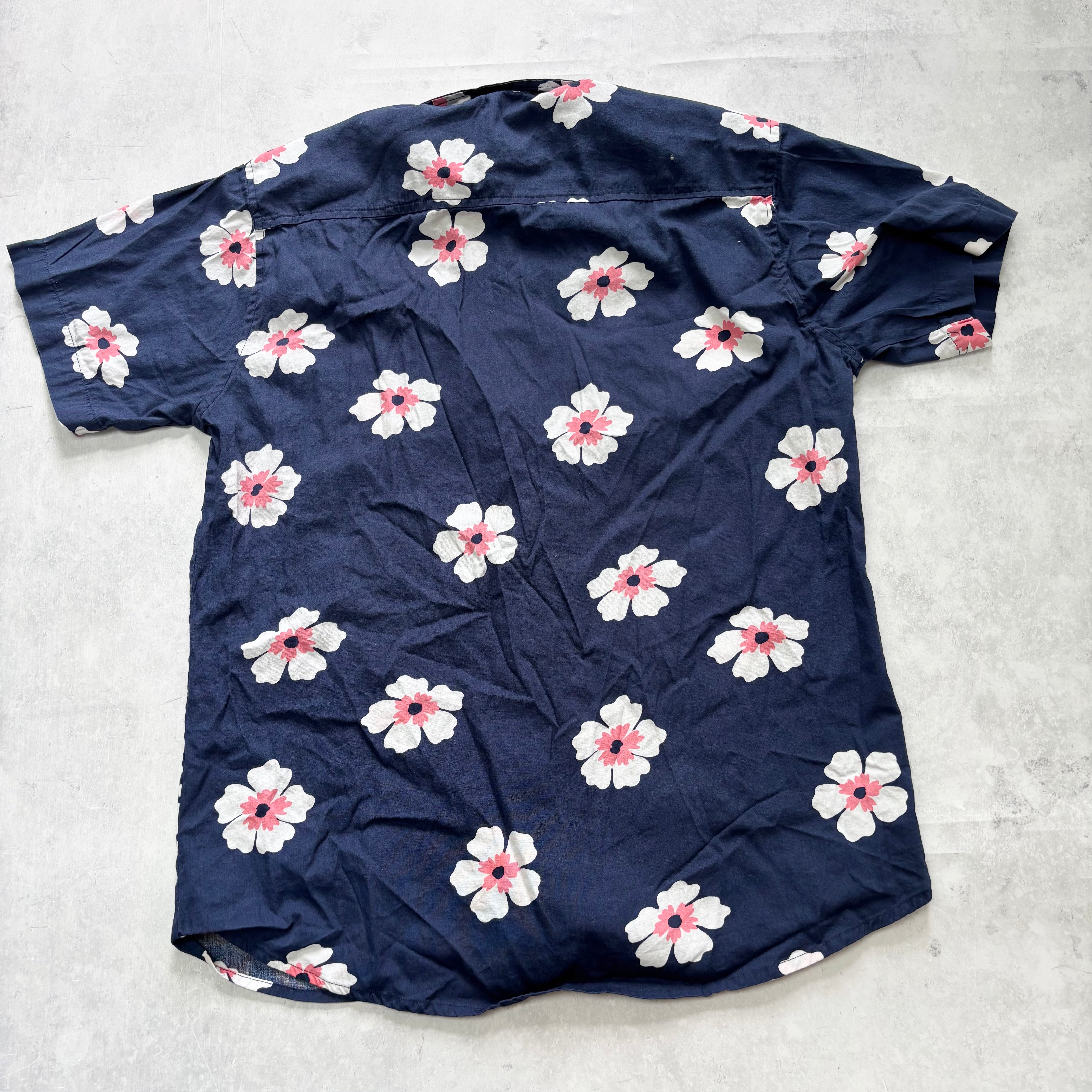 Hawaiian Shirt Mens Medium Navy Floral Aloha Short Sleeve Cotton Regular Fit (E)