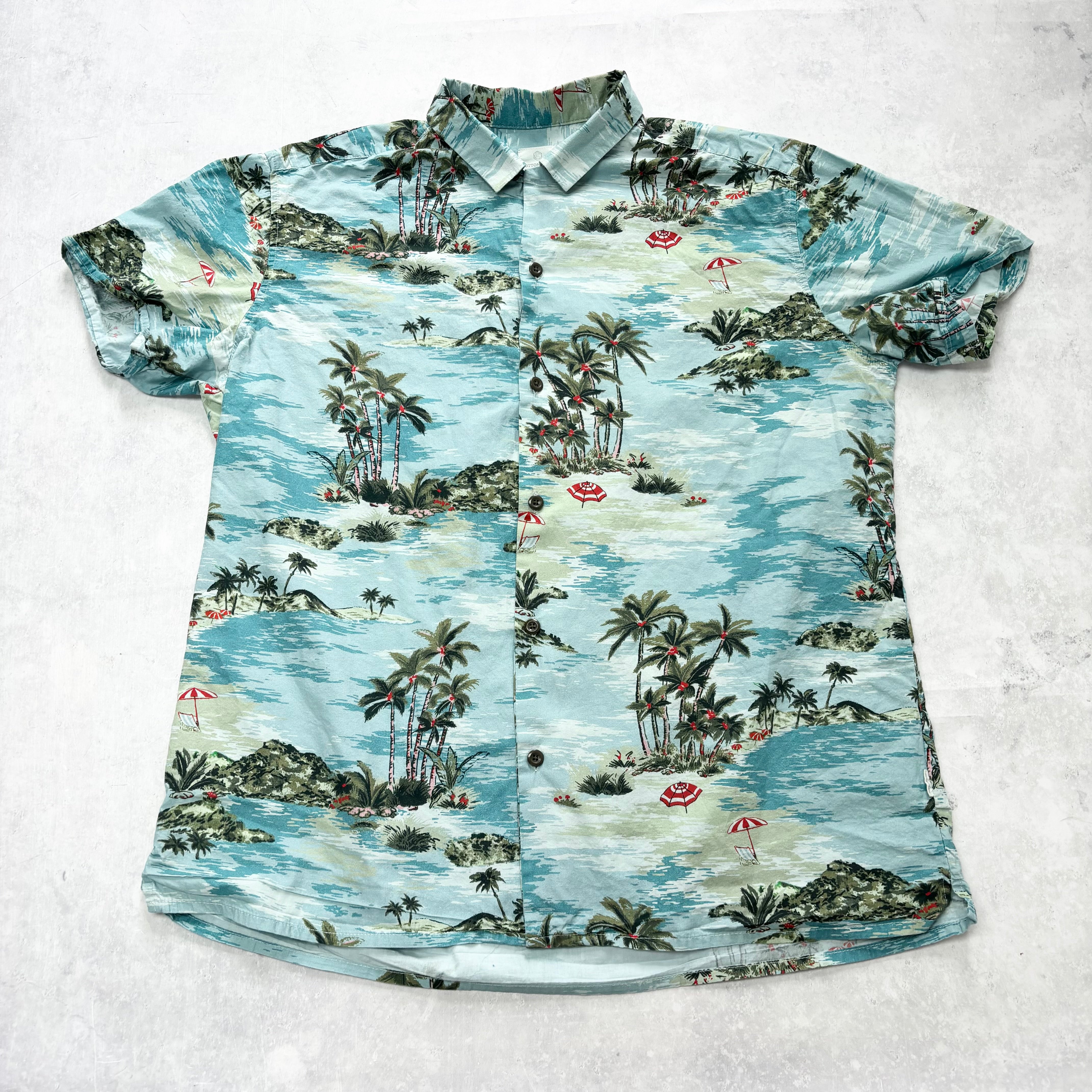 Hawaiian Shirt Mens XL Blue Floral Aloha Short Sleeve Cotton (E)