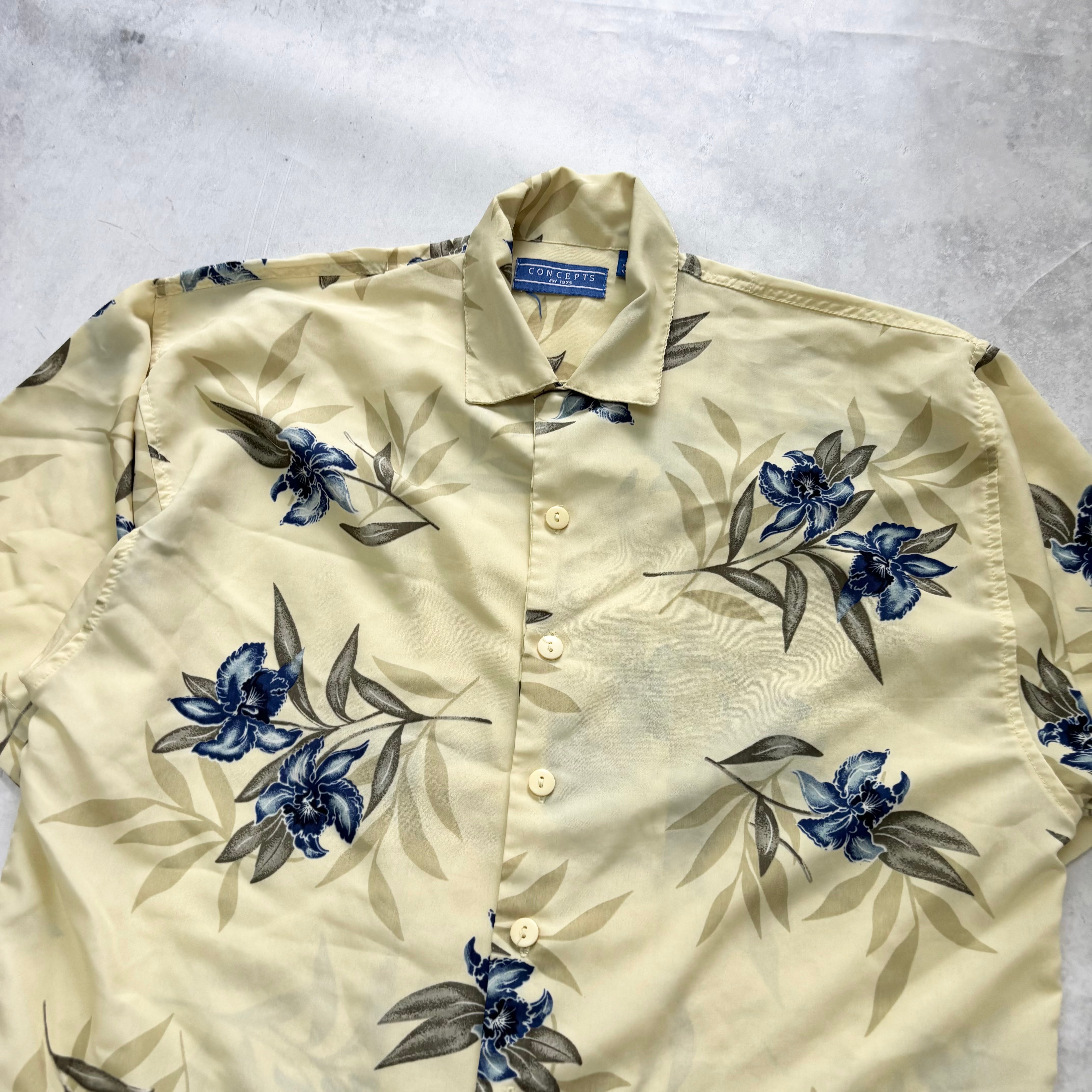 Hawaiian Shirt Mens Large Yellow Floral Aloha Short Sleeve Polyester