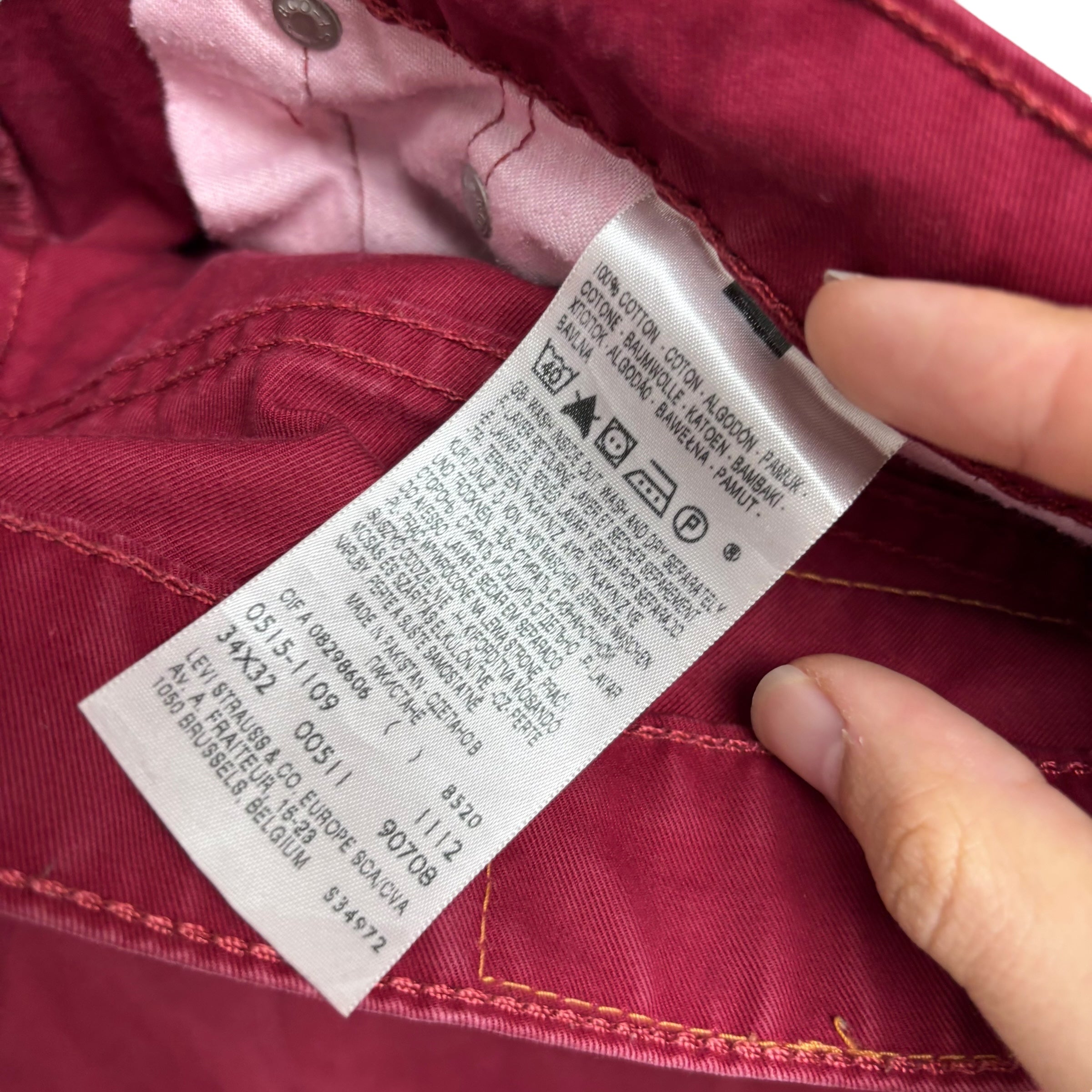 Levis 511 Trousers W34 L32 Mens Red Slim Fit Vintage Pants (E)