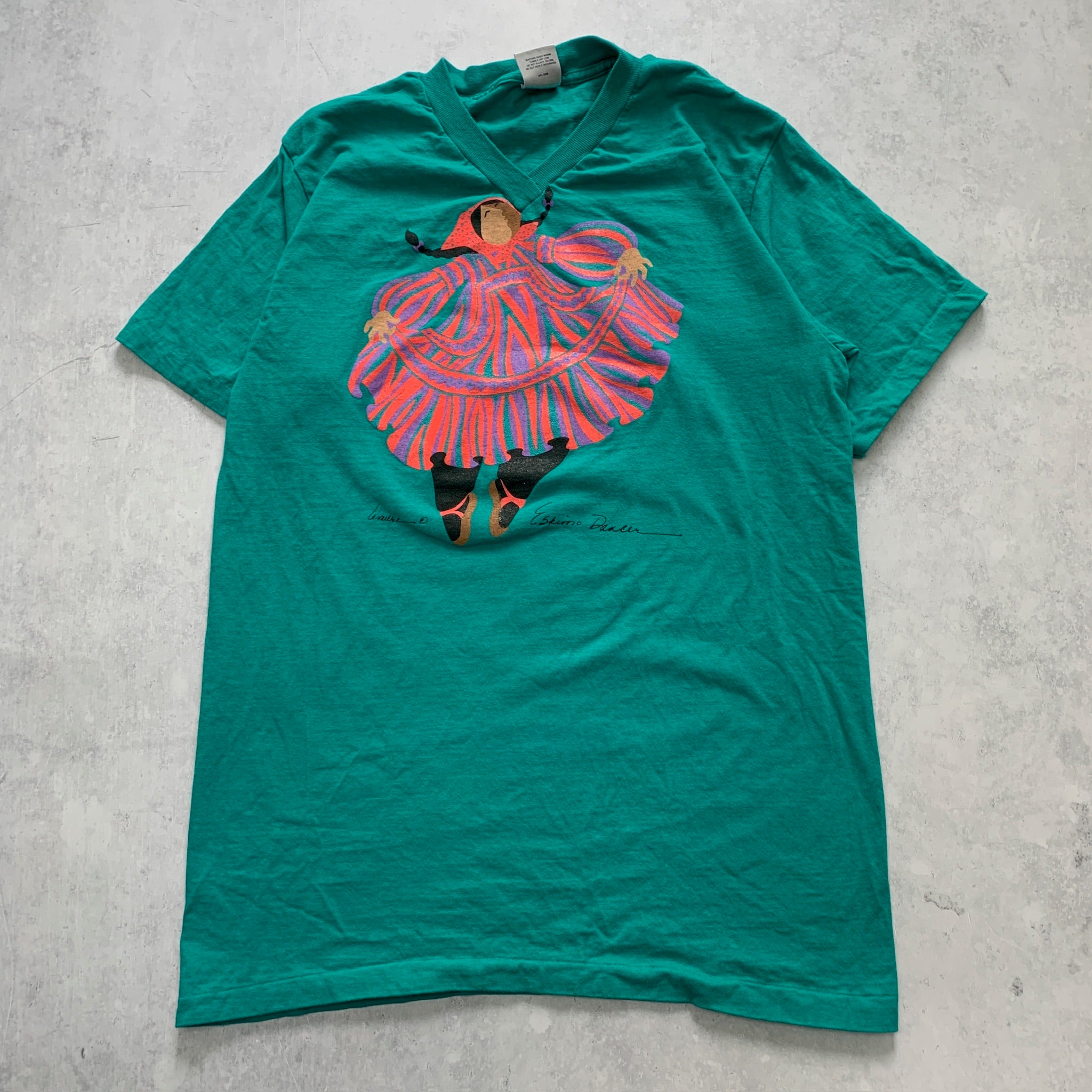 Vintage T Shirt Mens Large Green Single Stitch Graphic Print 90s USA Dance