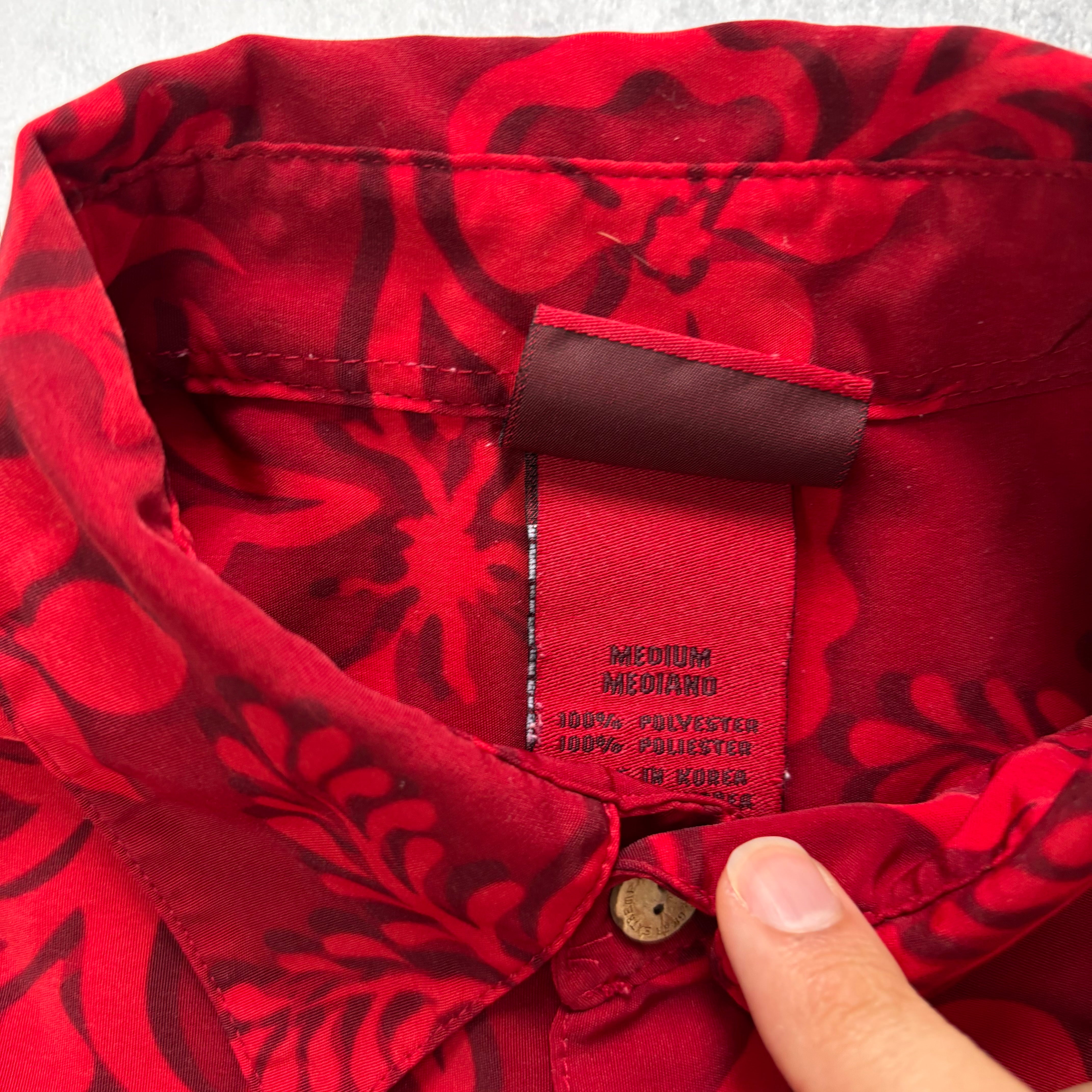 Vintage Hawaiian Shirt Mens Large Red Floral Aloha Short Sleeve Polyester (E)