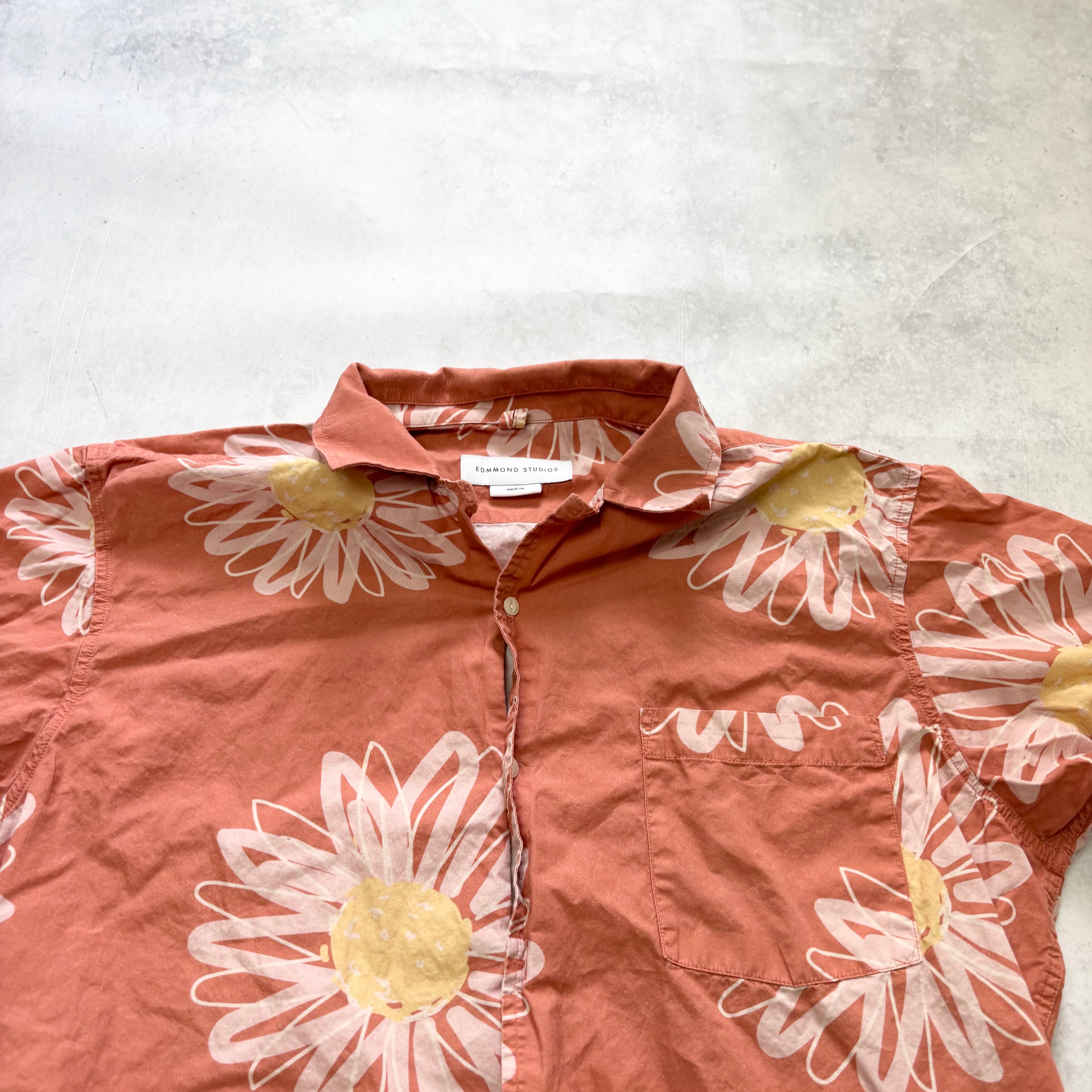 Hawaiian Shirt Mens Medium Orange Floral Aloha Short Sleeve Cotton (E)