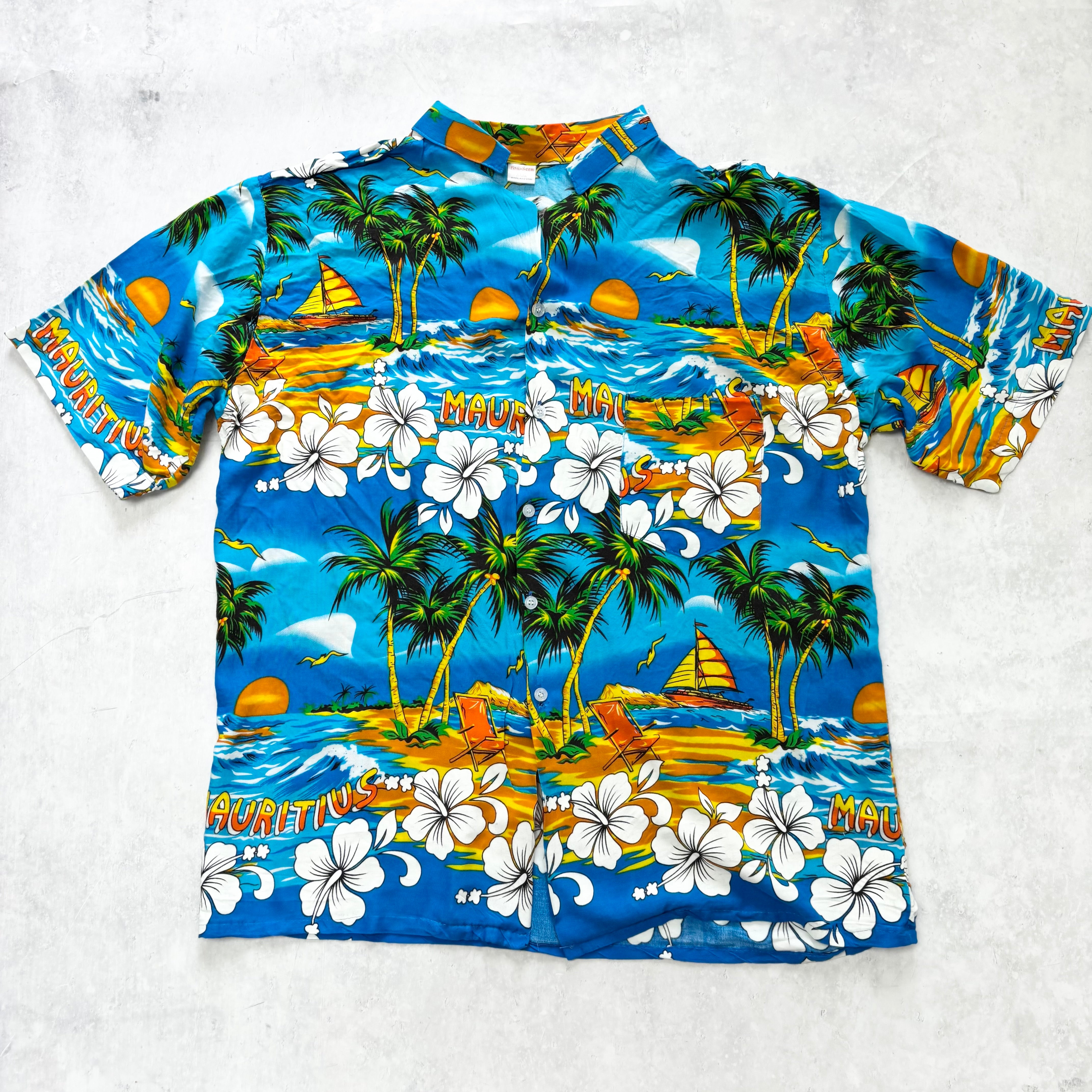 Hawaiian Shirt Mens Large Blue Floral Aloha Short Sleeve Cotton (E)