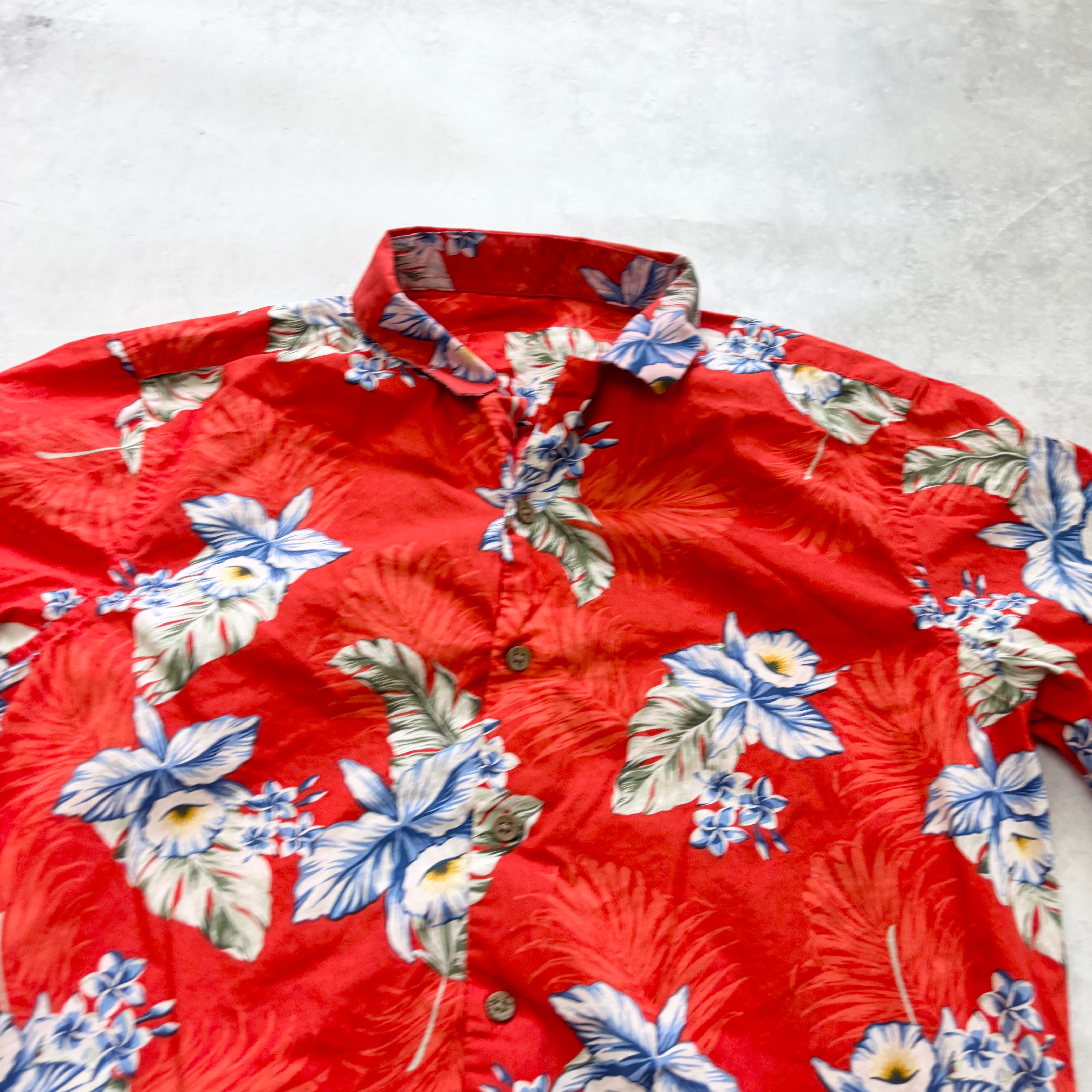 Hawaiian Shirt Mens Large Red Floral Aloha Short Sleeve Cotton Funky (E)