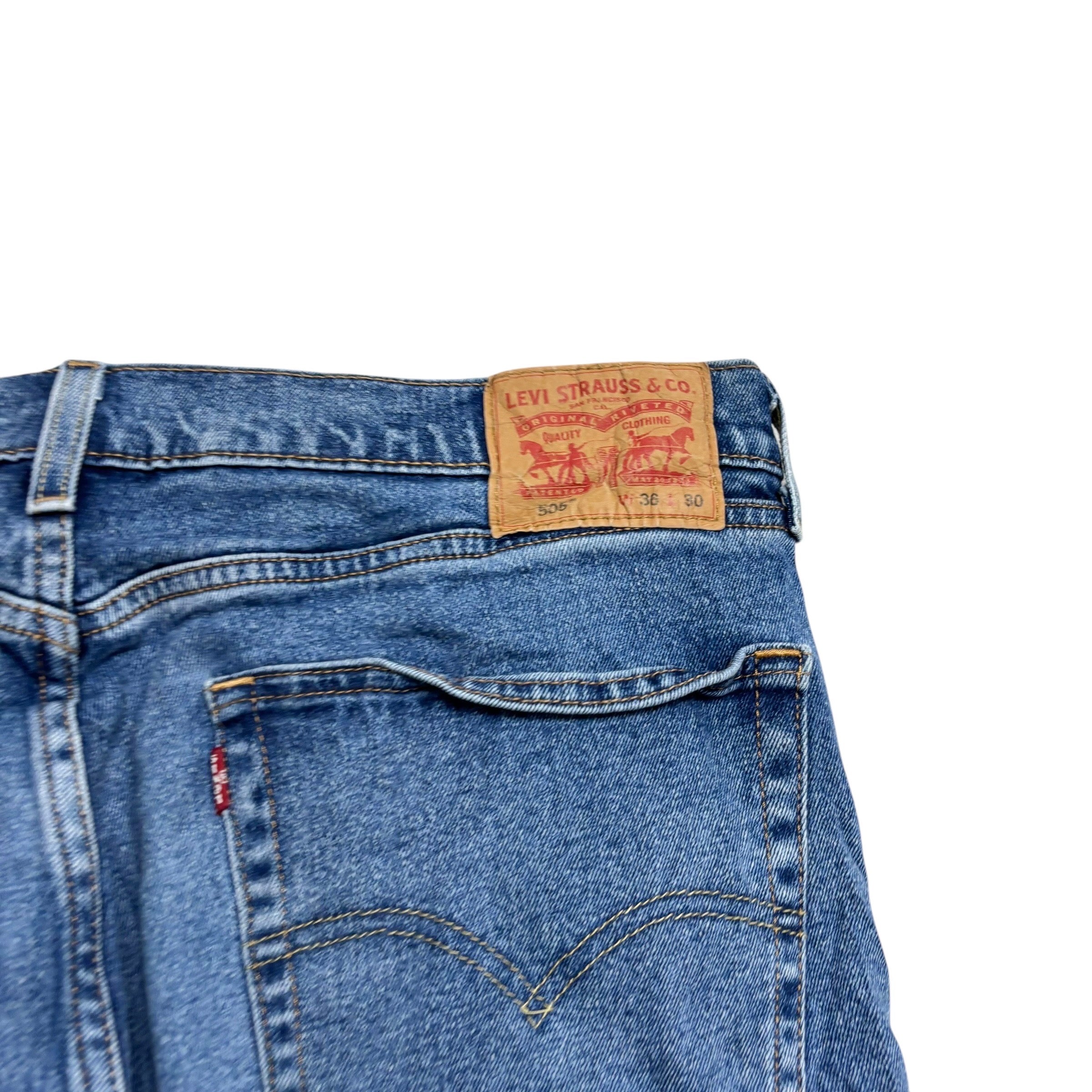 Levis 505 Jeans W36 L30 Mens Mid Blue Regular Straight Fit Stretch Denim (E)