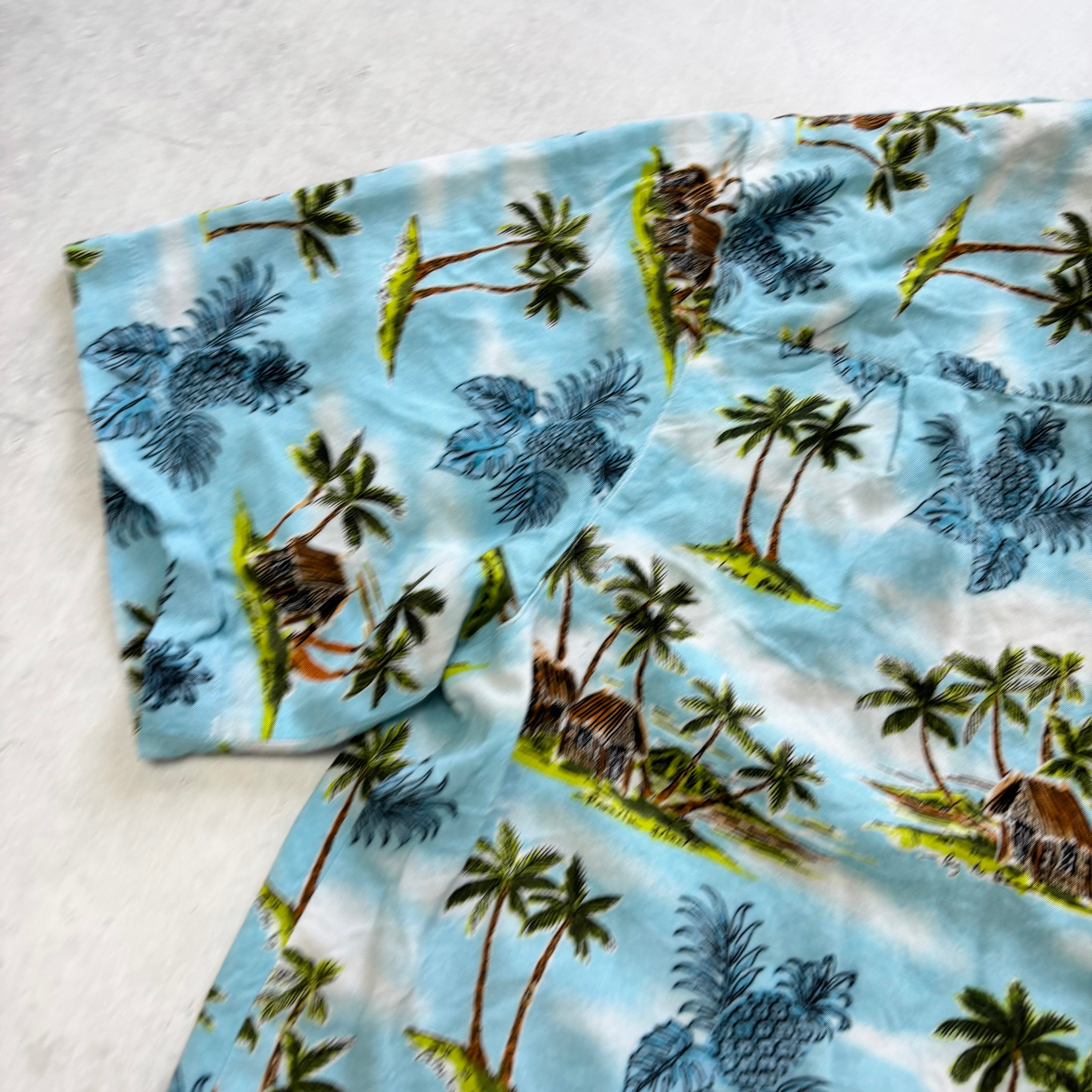George Hawaiian Shirt Mens Large Blue Floral Aloha Short Sleeve Rayon (E)