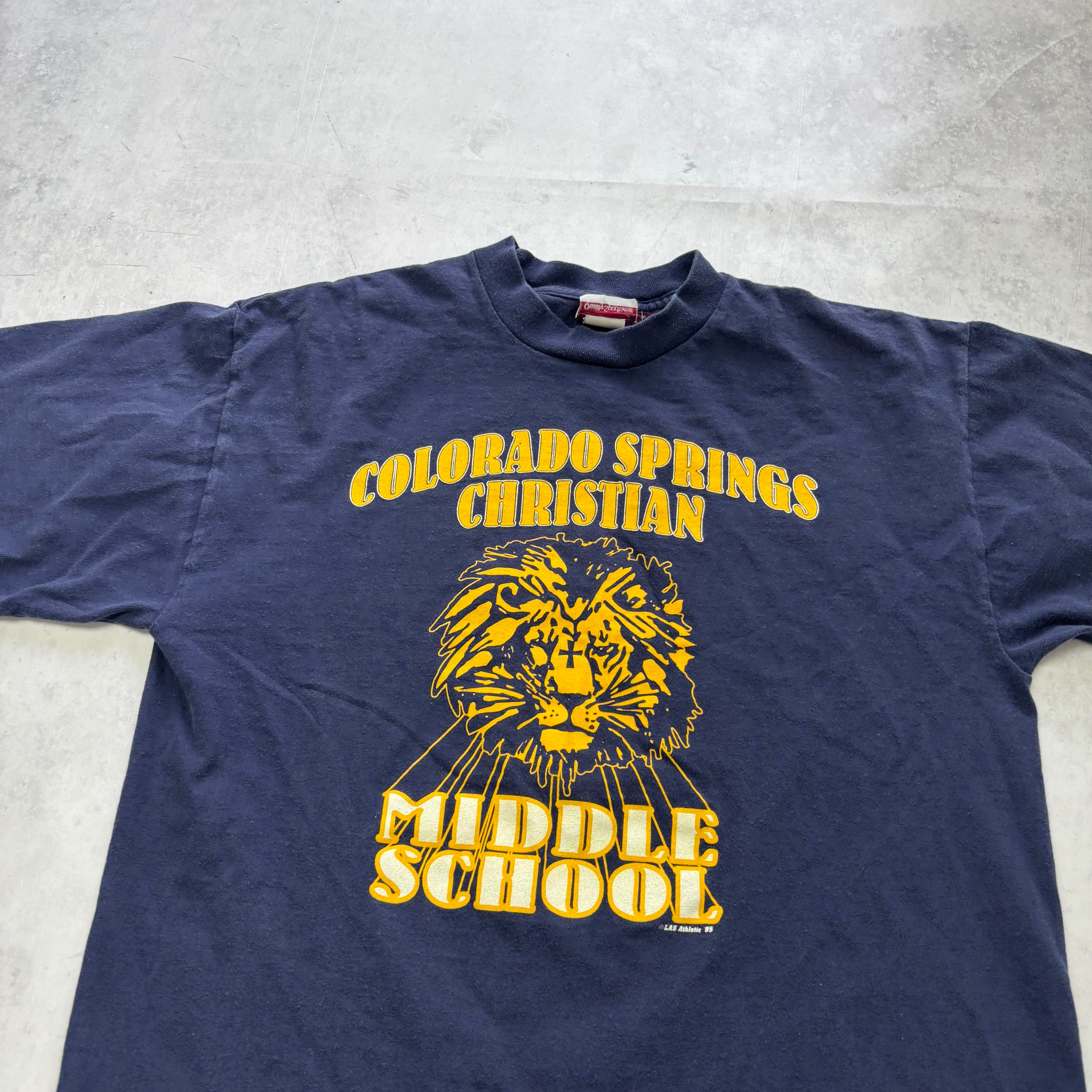 Vintage T Shirt Mens Medium Navy Blue Single Stitch Graphic Print 90s School