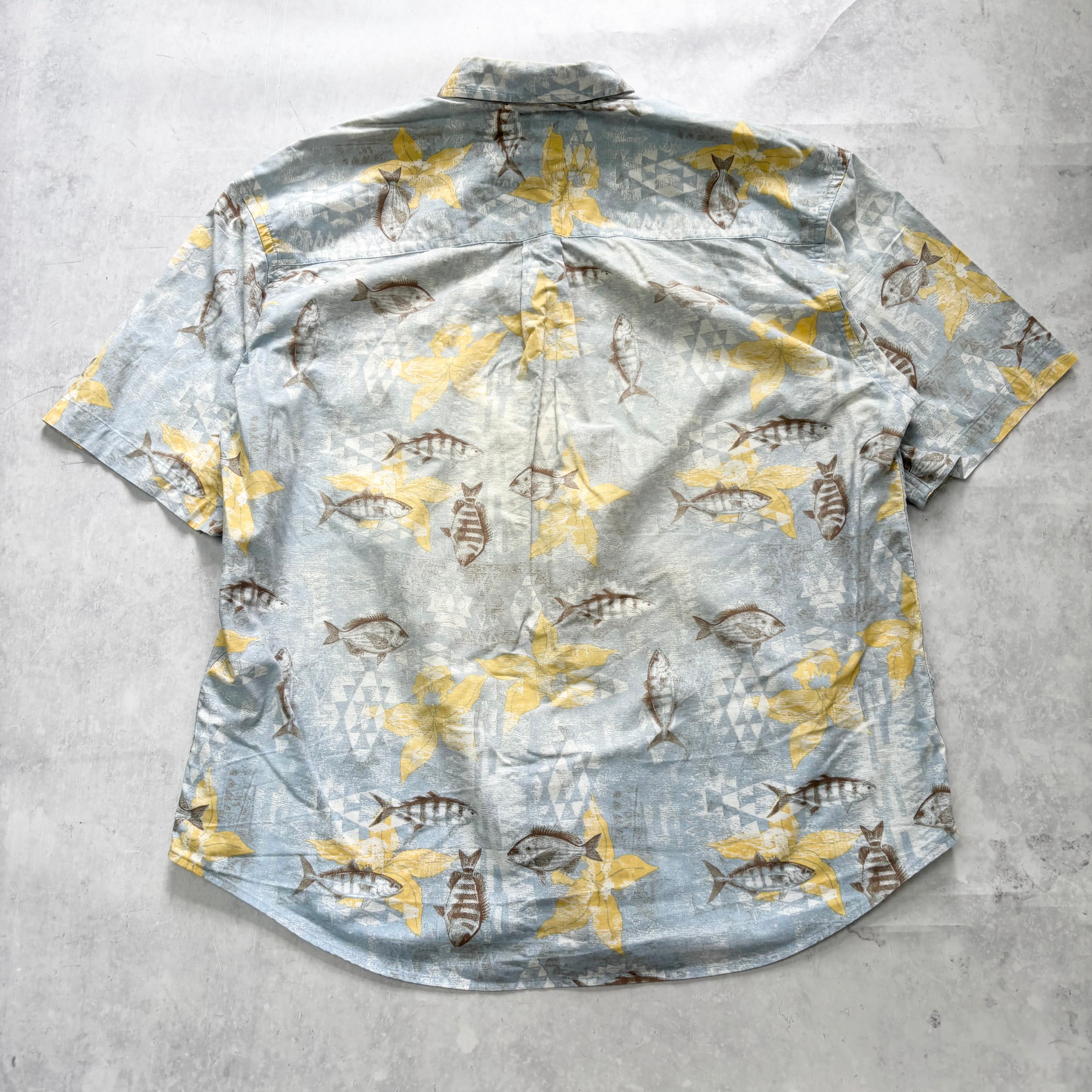 Vintage Hawaiian Shirt Mens Large Blue Yellow Floral Aloha Short Sleeve Rayon (E)