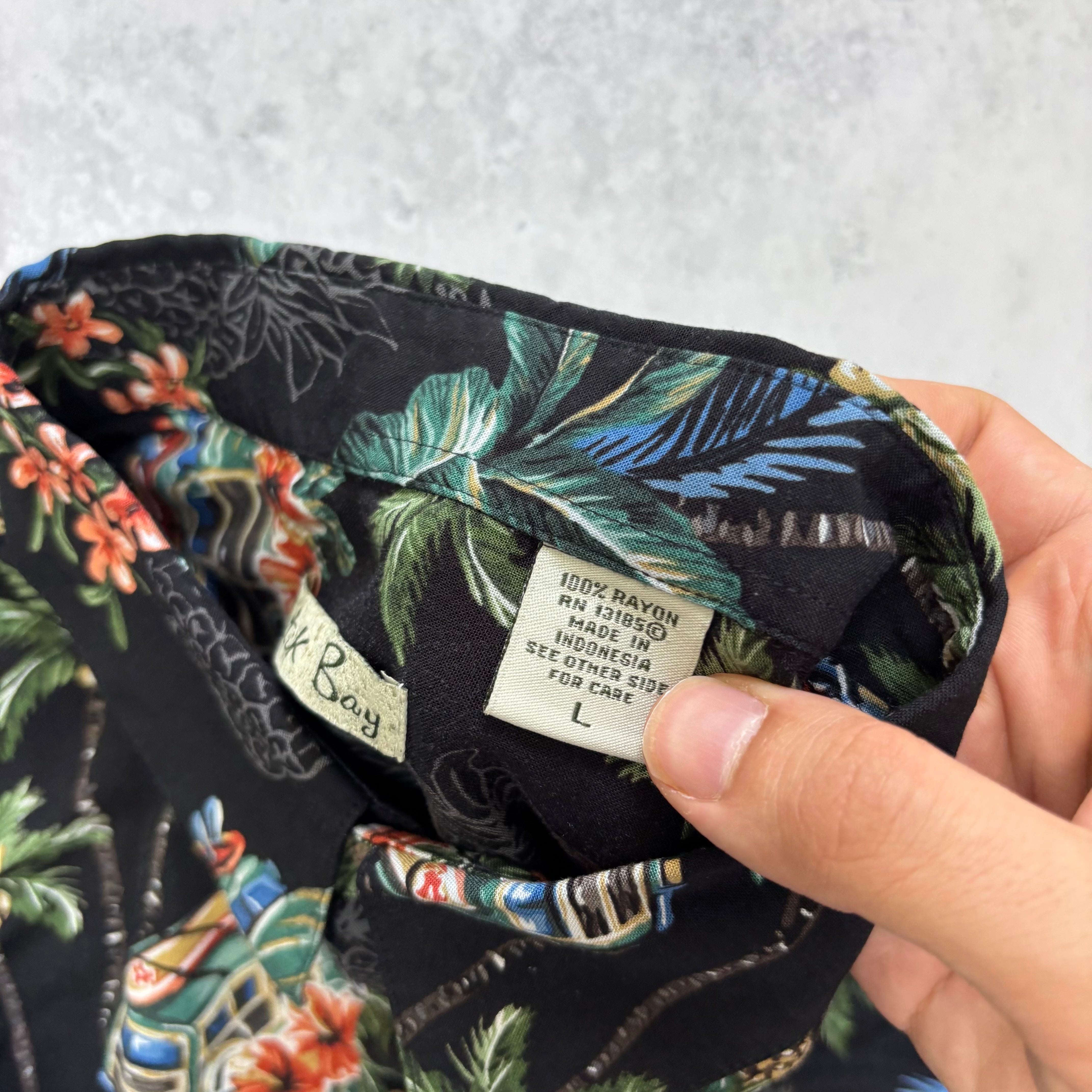 Vintage Hawaiian Shirt Mens Large Black Floral Aloha Short Sleeve Rayon (E)