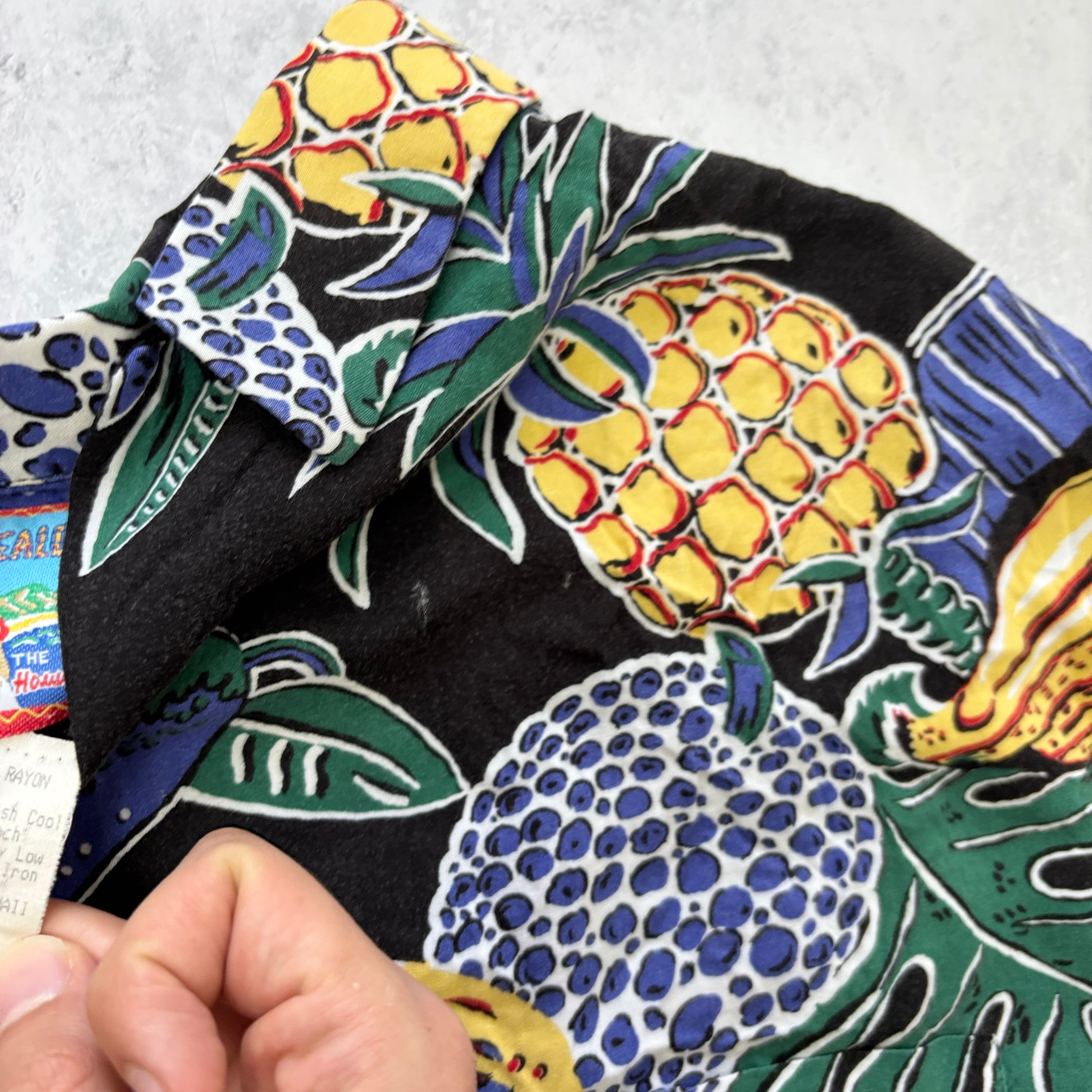 Vintage Hawaiian Shirt Mens XL Black Floral Aloha Rayon