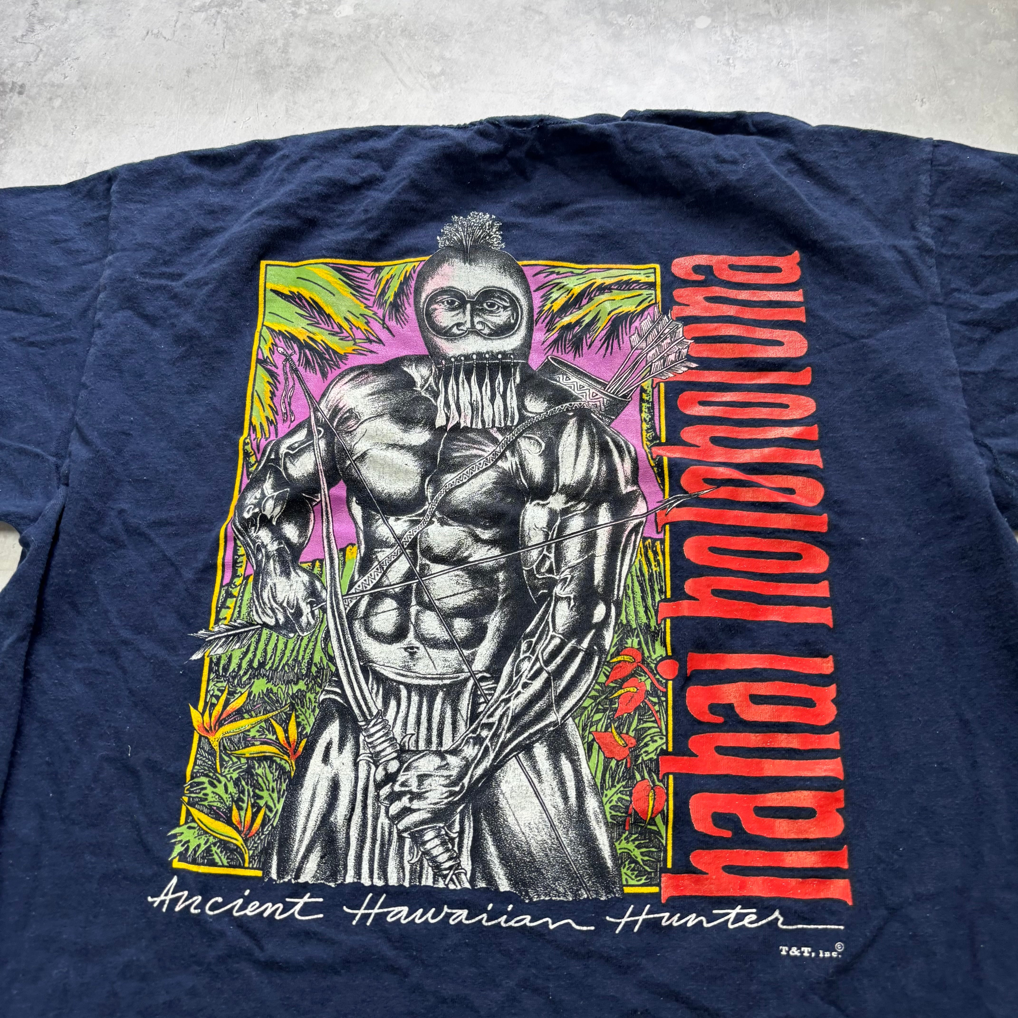 Vintage T Shirt Mens Medium Navy Blue Single Stitch Graphic Print 90s Hawaii