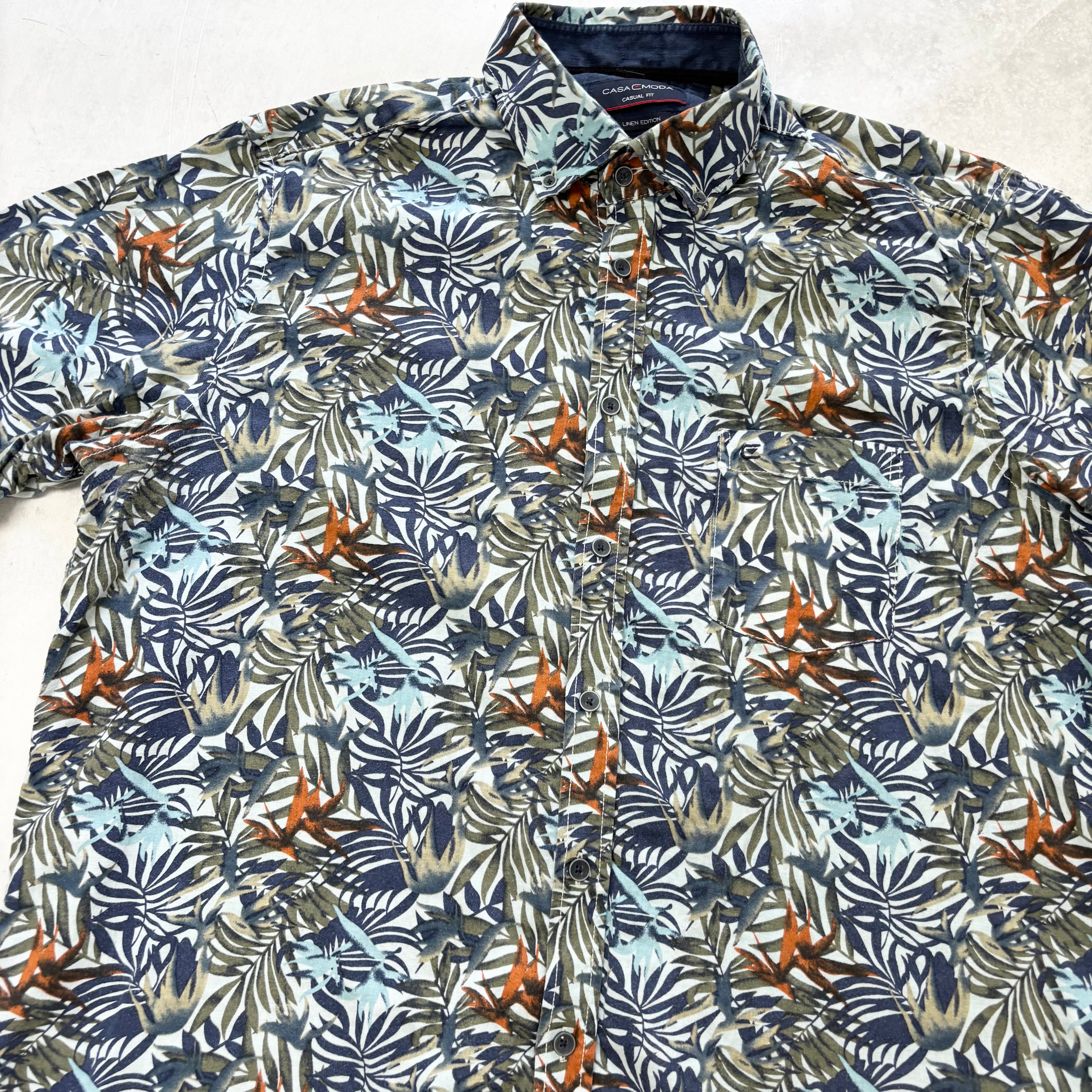Hawaiian Shirt Mens XL Blue Floral Aloha Short Sleeve Linen (E)