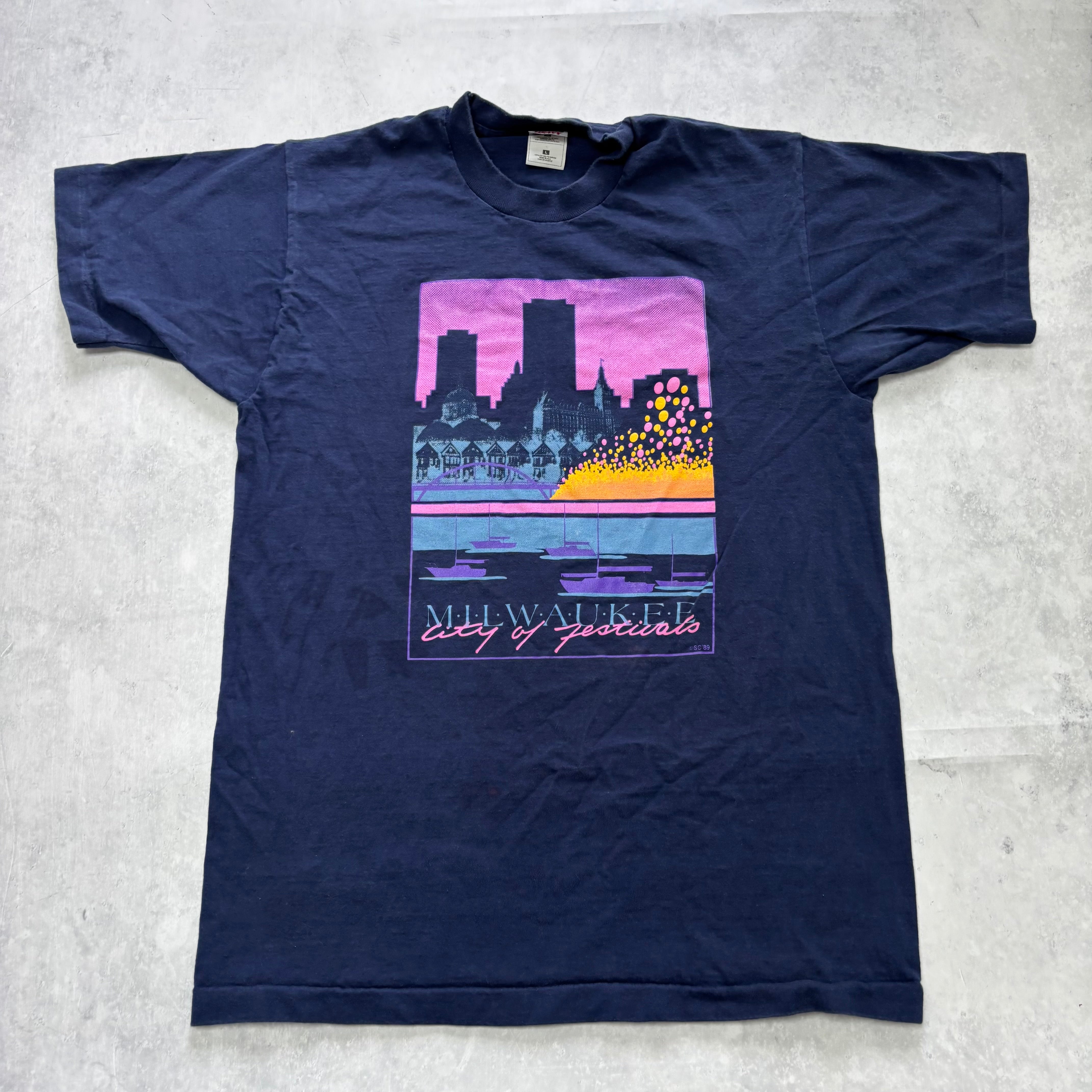 Vintage T Shirt Mens Large Navy Blue Single Stitch Graphic Print 90s USA Tourist (F)