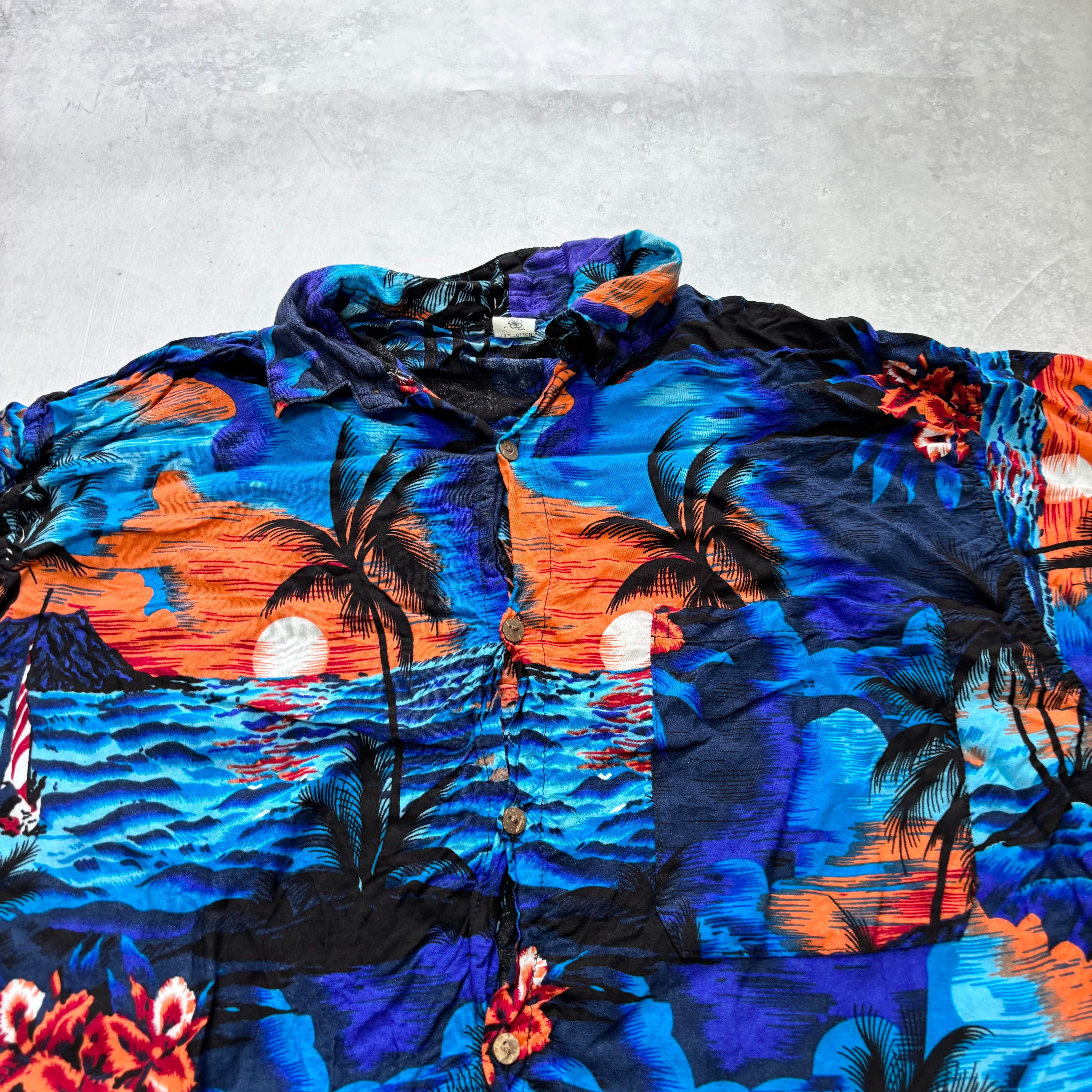 Hawaiian Shirt Mens XL Blue Floral Aloha Short Sleeve Cotton (E)